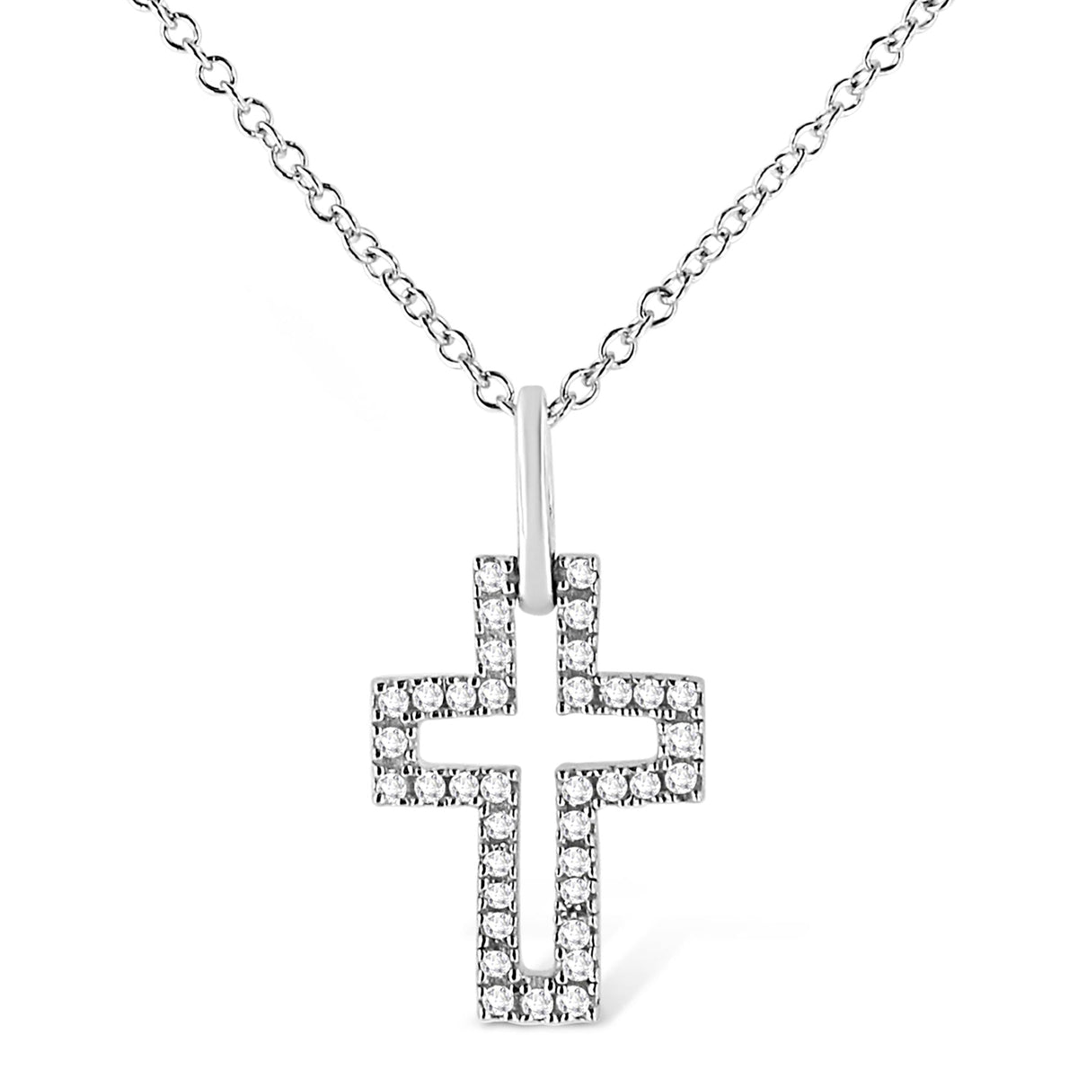 .925 Sterling Silver 1/10 cttw Pave-Set Round-Cut Diamond Open Cross 18' Pendant Necklace (I-J Color, I1-2 Clarity)