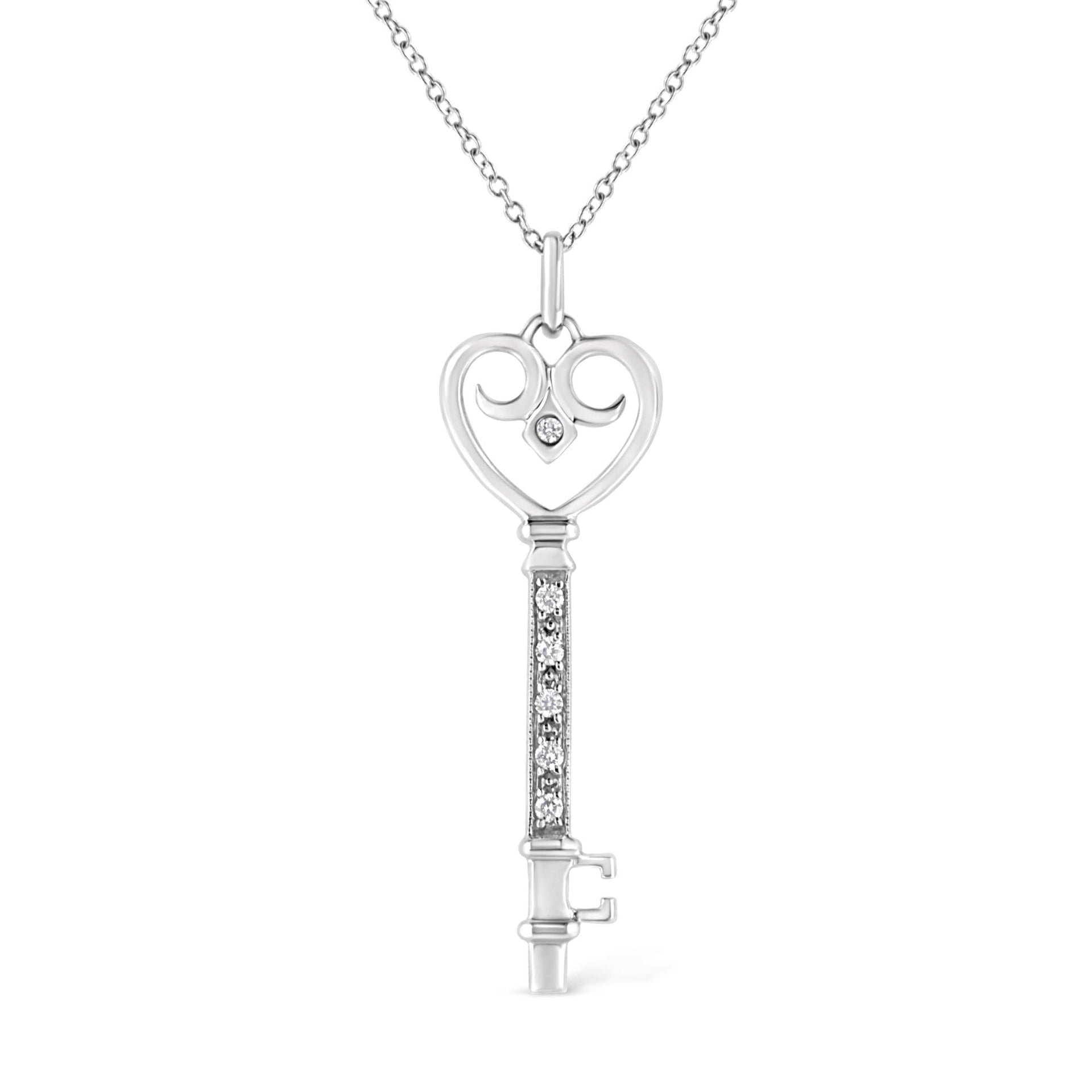 .925 Sterling Silver Pave and Bezel-Set Diamond Accent Key 18' Heart and Lock Pendant Necklace (K-L Color, I1-I2 Clarity)