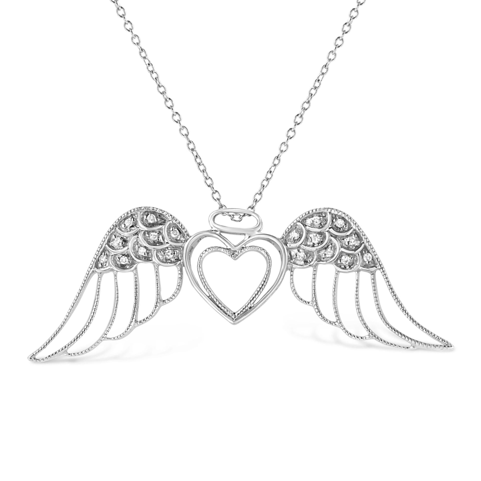 .925 Sterling Silver Pave-Set Diamond Accent Angel Wing 18' Double Heart Pendant Necklace (I-J Color, I1-I2 Clarity)
