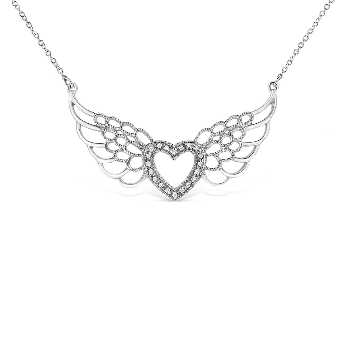 .925 Sterling Silver Pave-Set Diamond Accent Fairy Wing 18' Heart Pendant Necklace (I-J Color, I1-I2 Clarity)