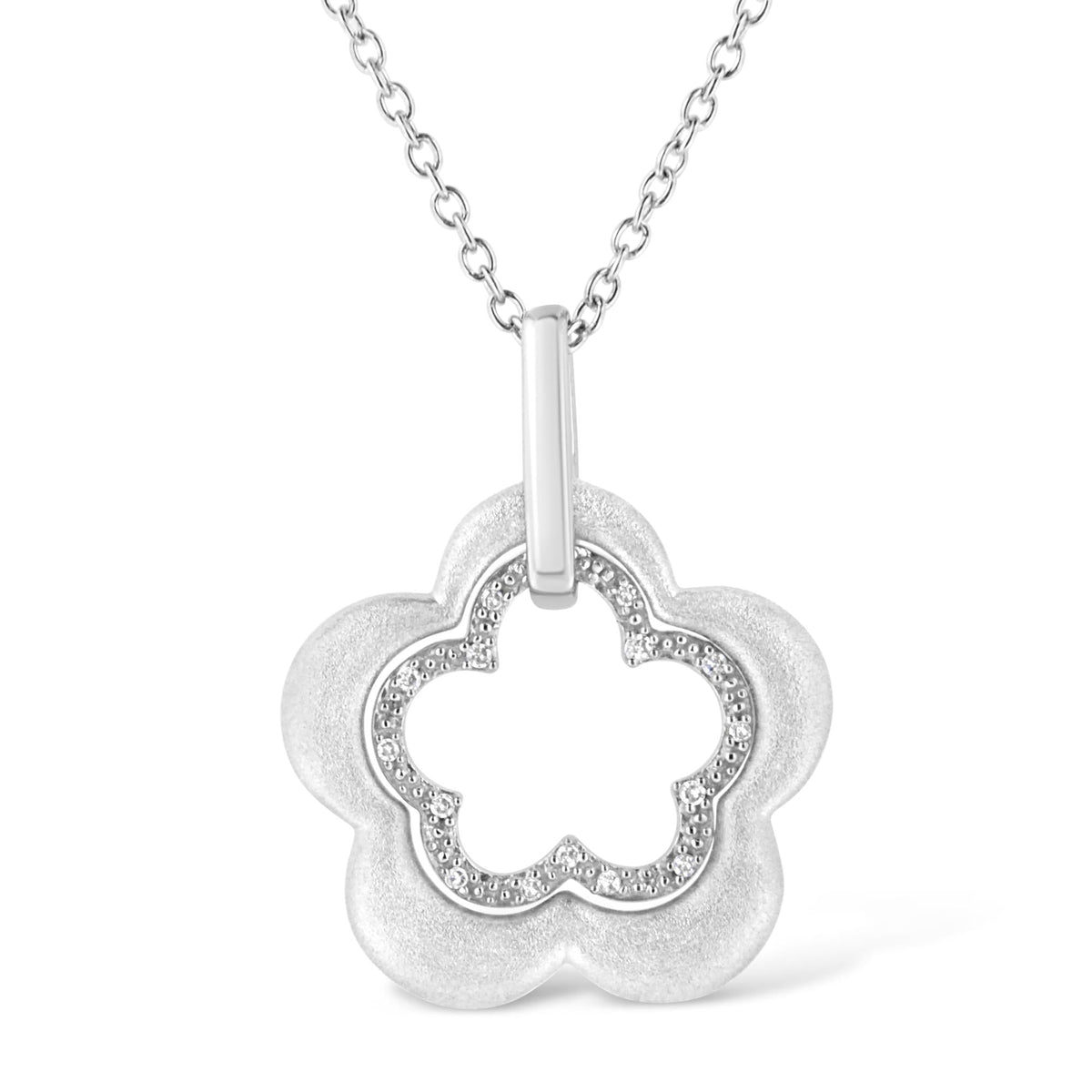 Matte Finished .925 Sterling Silver Diamond Accent Double Flower Shape 18' Satin Finished Pendant Necklace (I-J Color, I1-I2 Clarity)