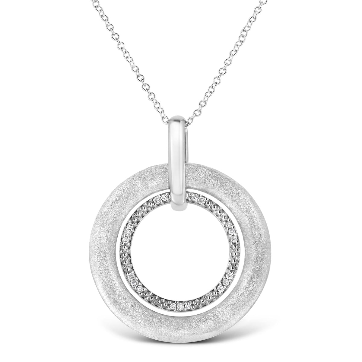 .925 Sterling Silver Prong-Set Diamond Accent Satin Finished Double Circle 18' Pendant Necklace (I-J Color, I1-I2 Clarity)