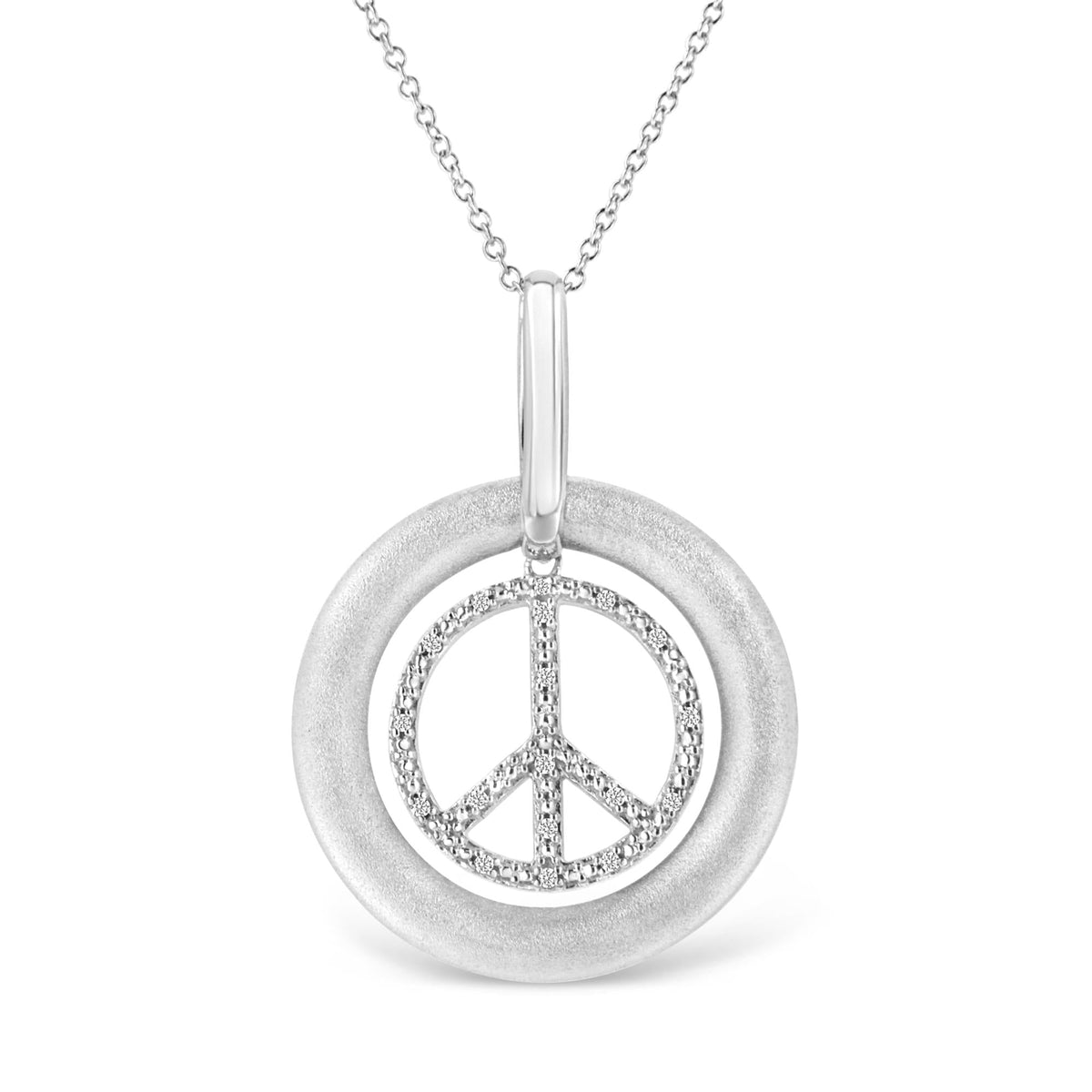 Matte Finish .925 Sterling Silver Diamond Accent Dancing Peace Sign 18' Pendant Necklace (I-J Color, I1-I2 Clarity)