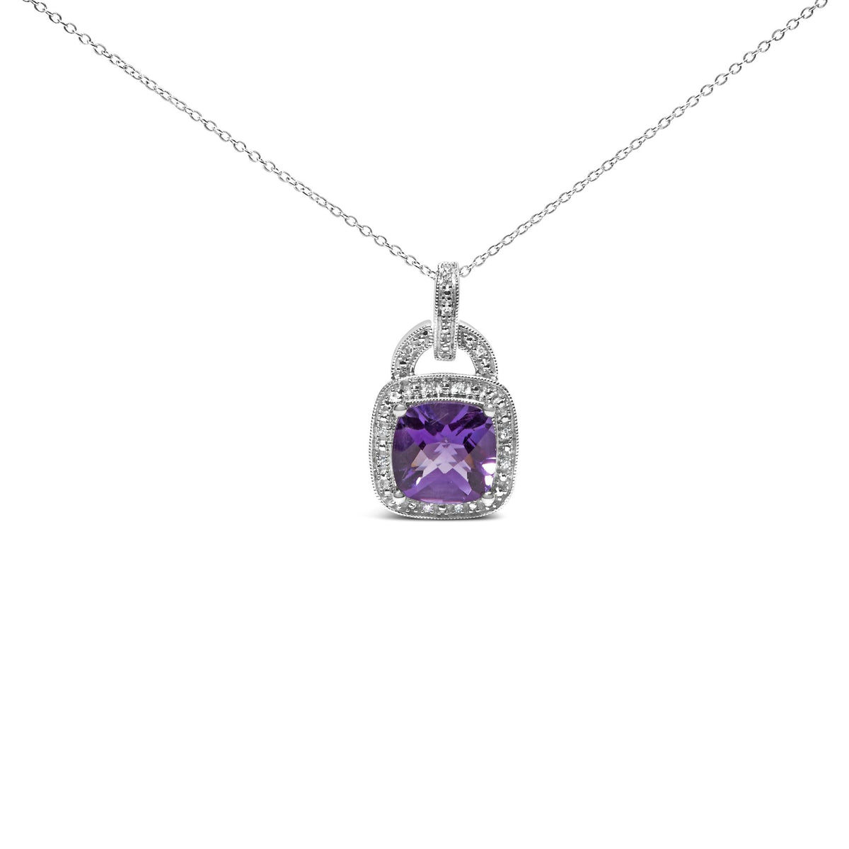 .925 Sterling Silver 10X10 MM Cushion Purple Amethyst and Diamond Accent Halo 18' Pendant Necklace (I-J Color, I1-I2 Clarity)