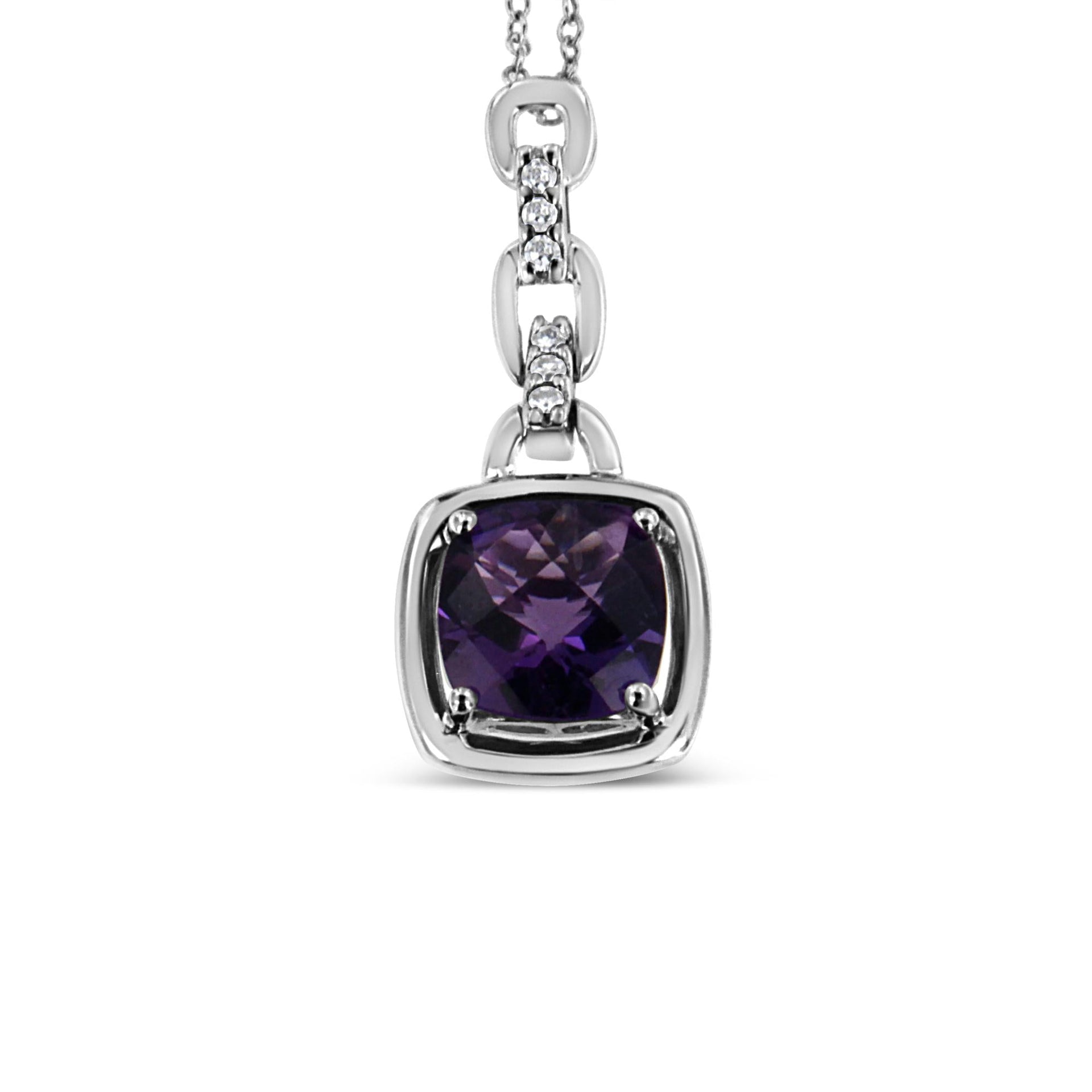 .925 Sterling Silver 6x6MM Cushion Shaped Natural Purple Amethyst and Diamond Accented Bale 18' Inch Pendant Necklace (I-J Color, I1-I2 Clarity)