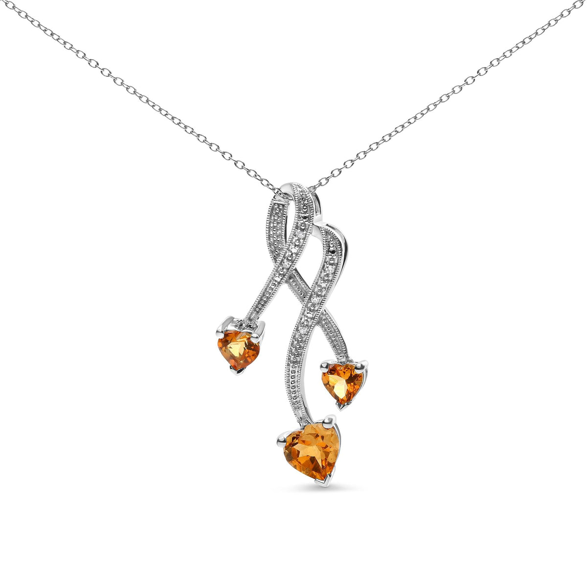 .925 Sterling Silver 3-Stone Heart Shape Citrine and Diamond Accent Spiral Drop 18' Pendant Necklace (H-I Color, SI1-SI2 Clarity)
