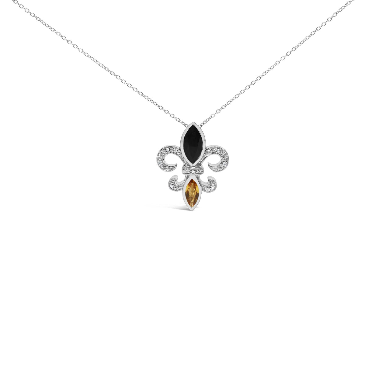 .925 Sterling Silver Marquise Onyx and Citrine and Diamond Accent Fleur De Lis Pendant Necklace (H-I Color, SI1-SI2 Clarity) - 18'