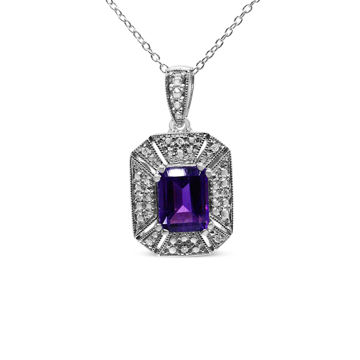 .925 Sterling Silver Purple Amethyst and Diamond Accent Art Deco Style 18' Pendant Necklace (I-J Color, I1-I2 Clarity)