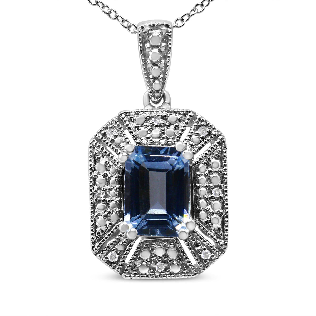 .925 Sterling Silver Blue Topaz and Diamond Accent Art Deco Style 18' Pendant Necklace (I-J Color, I1-I2 Clarity)