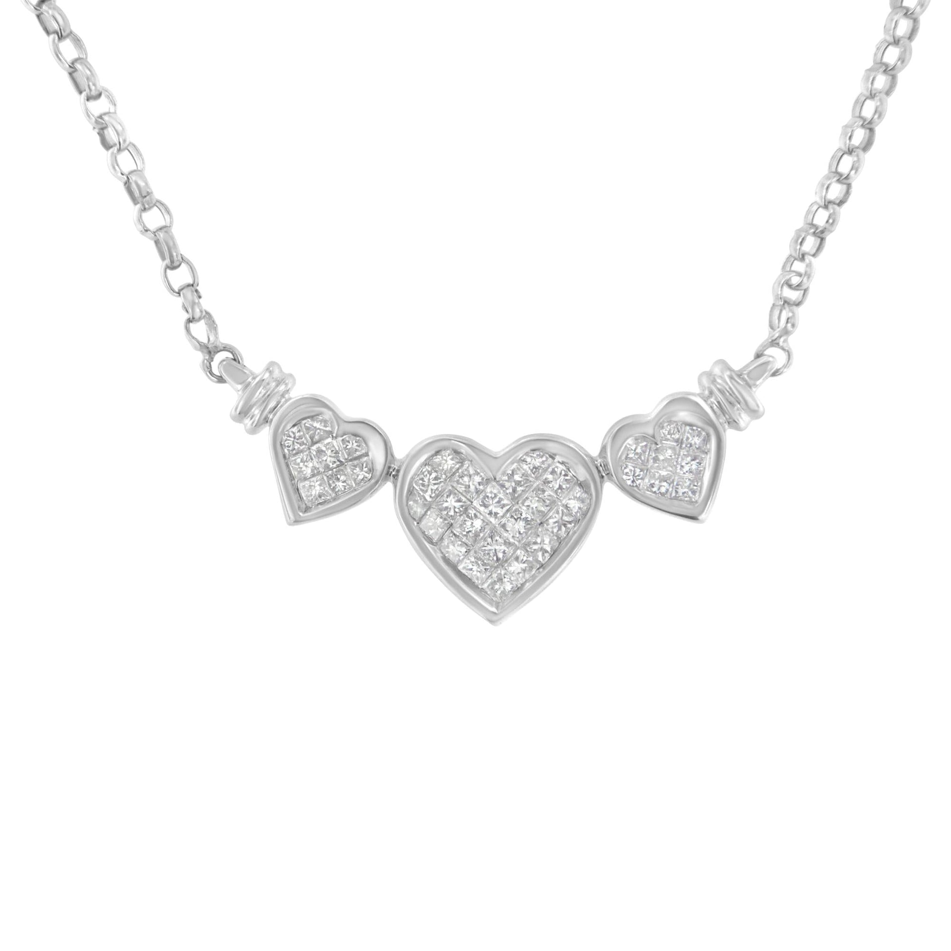 14K White Gold 1.0 Cttw Princess Cut Diamond Three Heart 18' Statement Pendant Necklace (H-I Color, SI2-I1 Clarity)