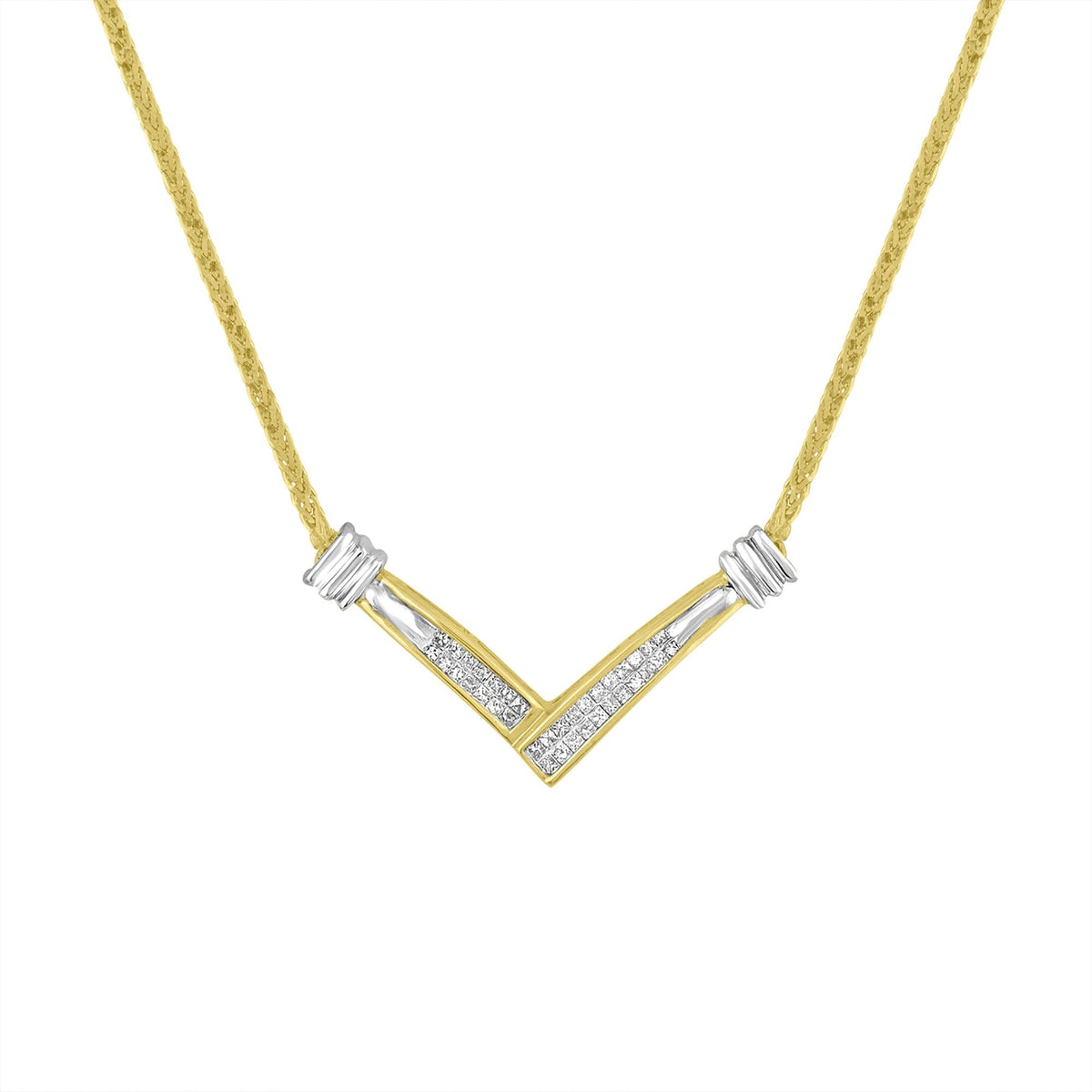 14K Yellow and White Gold 1/4 Cttw Princess Cut Diamond Channel-Set “V” Shape 18' Pendant Necklace (H-I Color, SI2-I1 Clarity)