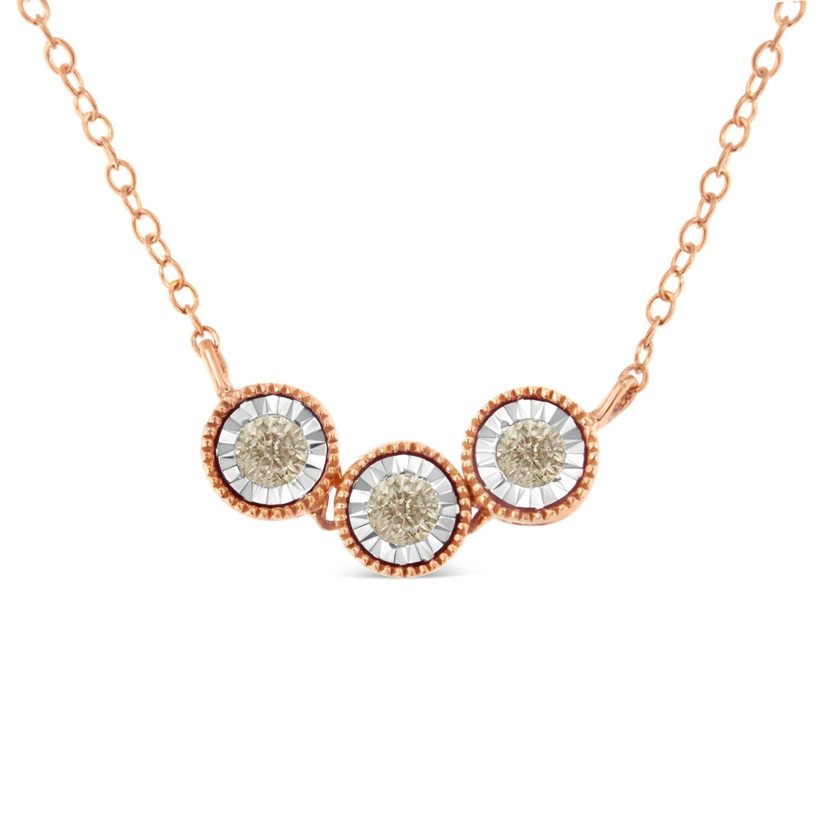 10K Rose and White Gold Plated .925 Sterling Silver 1/4 Cttw Miracle-Set Champagne Diamond Triple Circle 18' Necklace (I2-I3 Clarity)