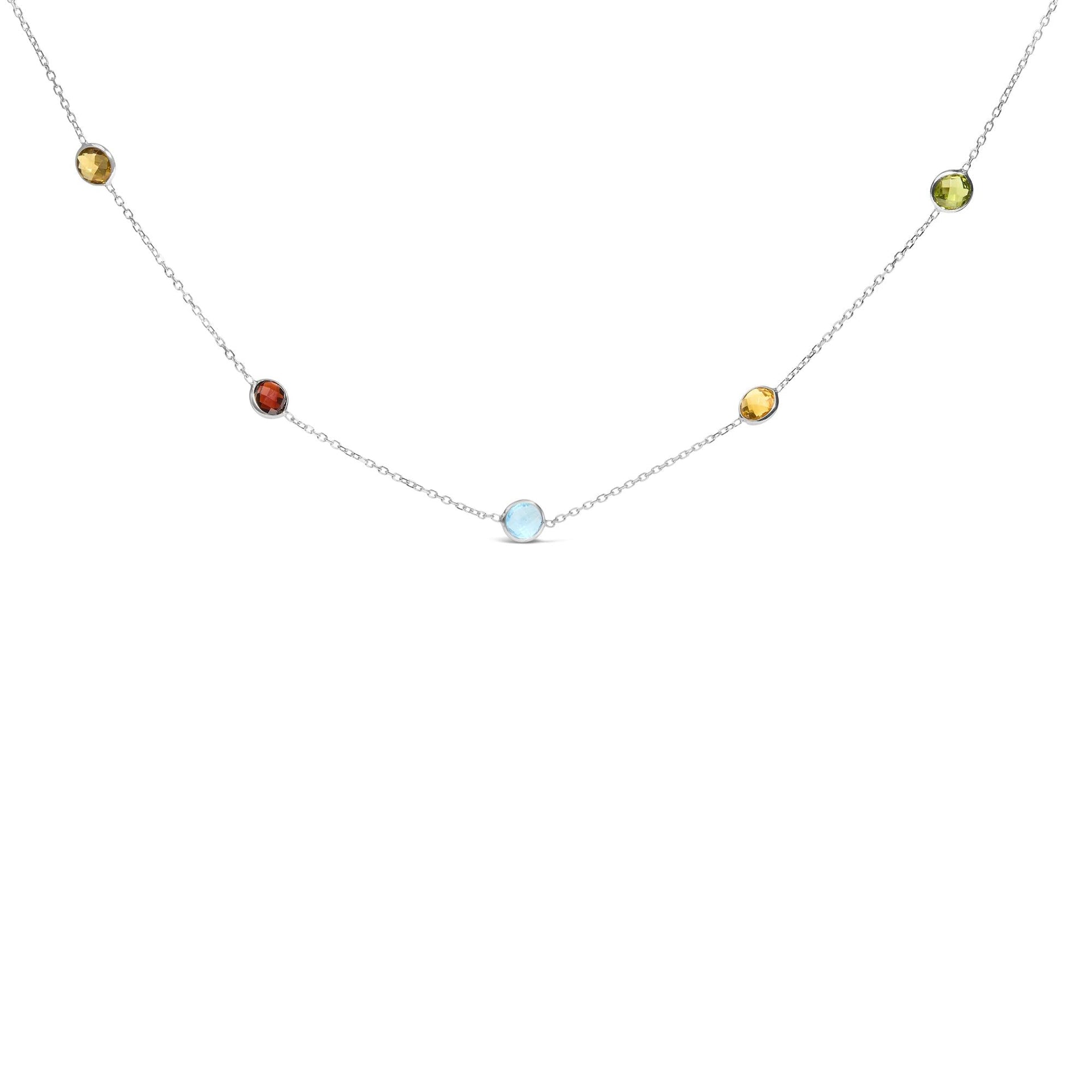 14K White Gold Bezel Set Mixed Gemstone 7 Station Adjustable 18'-24' Necklace