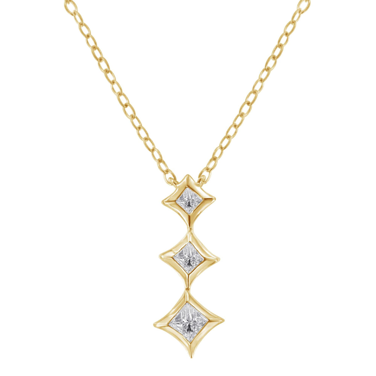 10K Gold 1/5 Cttw Princess Cut Diamond 3 Stone Drop 18' Pendant Necklace (H-I Color, SI2-I1 Clarity)