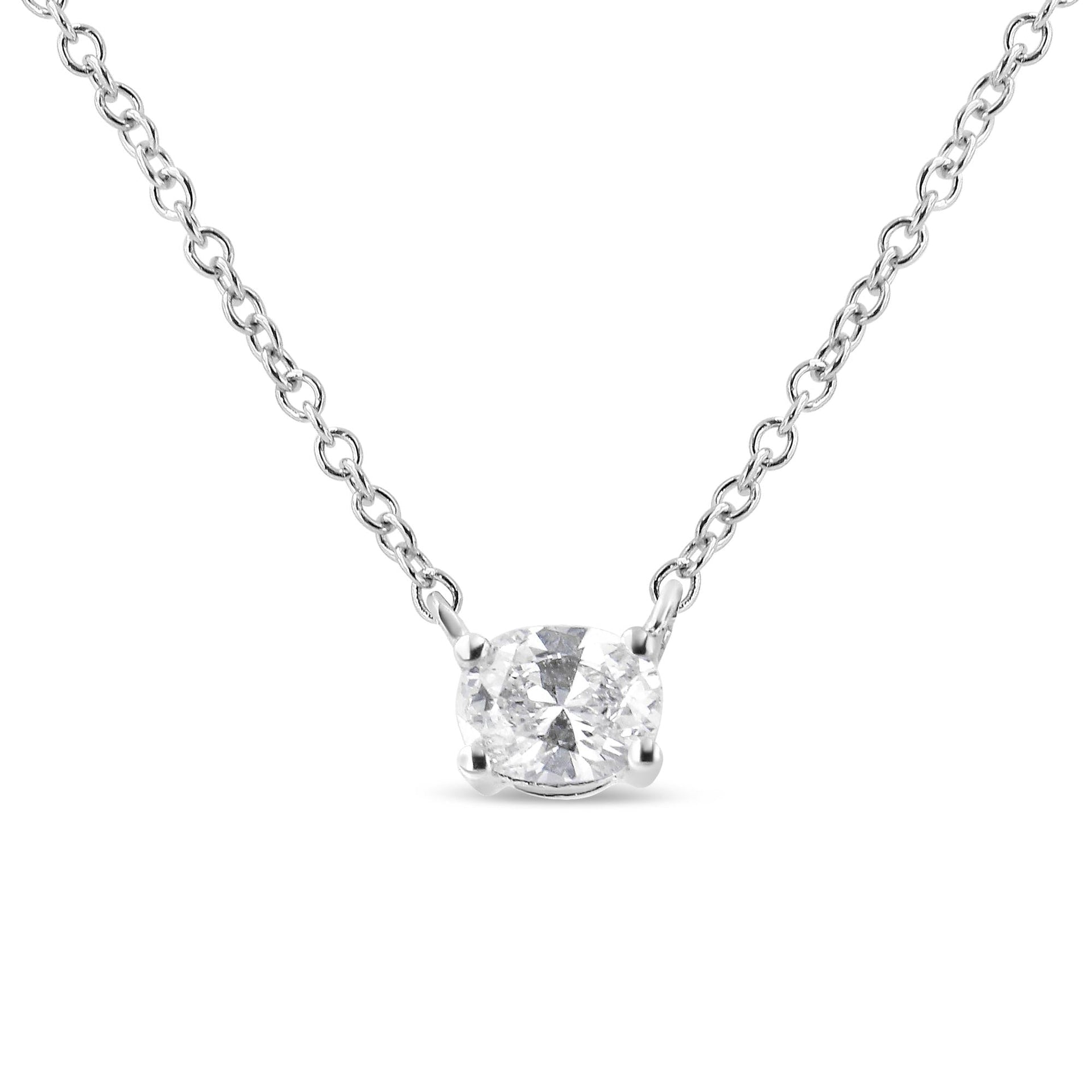 14K White Gold 1/5 Cttw Oval Shape Solitaire Diamond East West 18' Pendant Necklace (G-H Color, VS2-SI1Clarity)