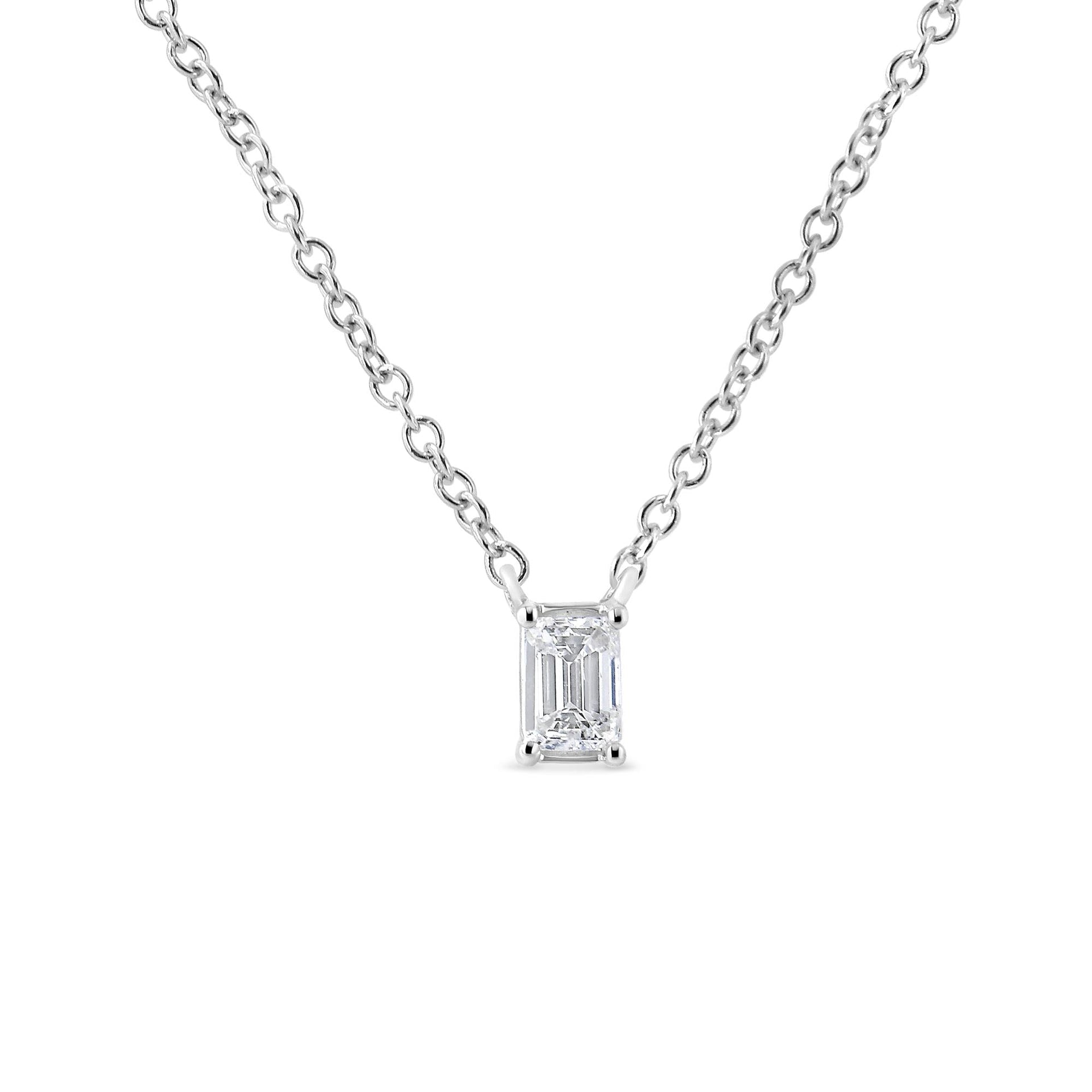 14K White Gold 1/3 Cttw Emerald Shape Solitaire Diamond 18' Pendant Necklace (G-H Color, VS2-SI1 Clarity)