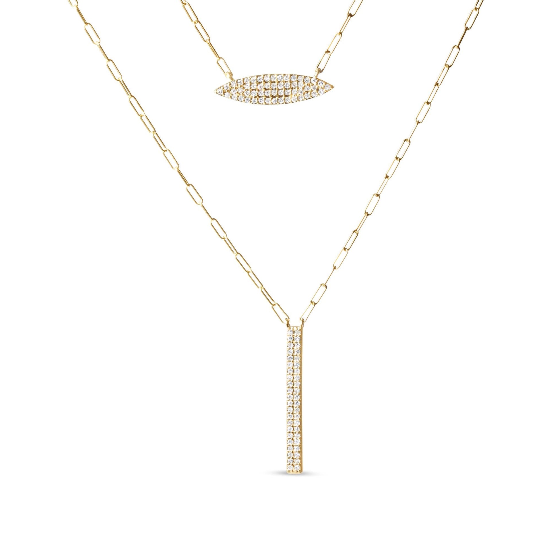 14K Yellow Gold 3/8 Cttw Two-Strand Marquise and Bar Charm Paper Clip Link Pendant Necklace  (I-J Color, I1-I2 Clarity) -18' and 20' Inch Lengths