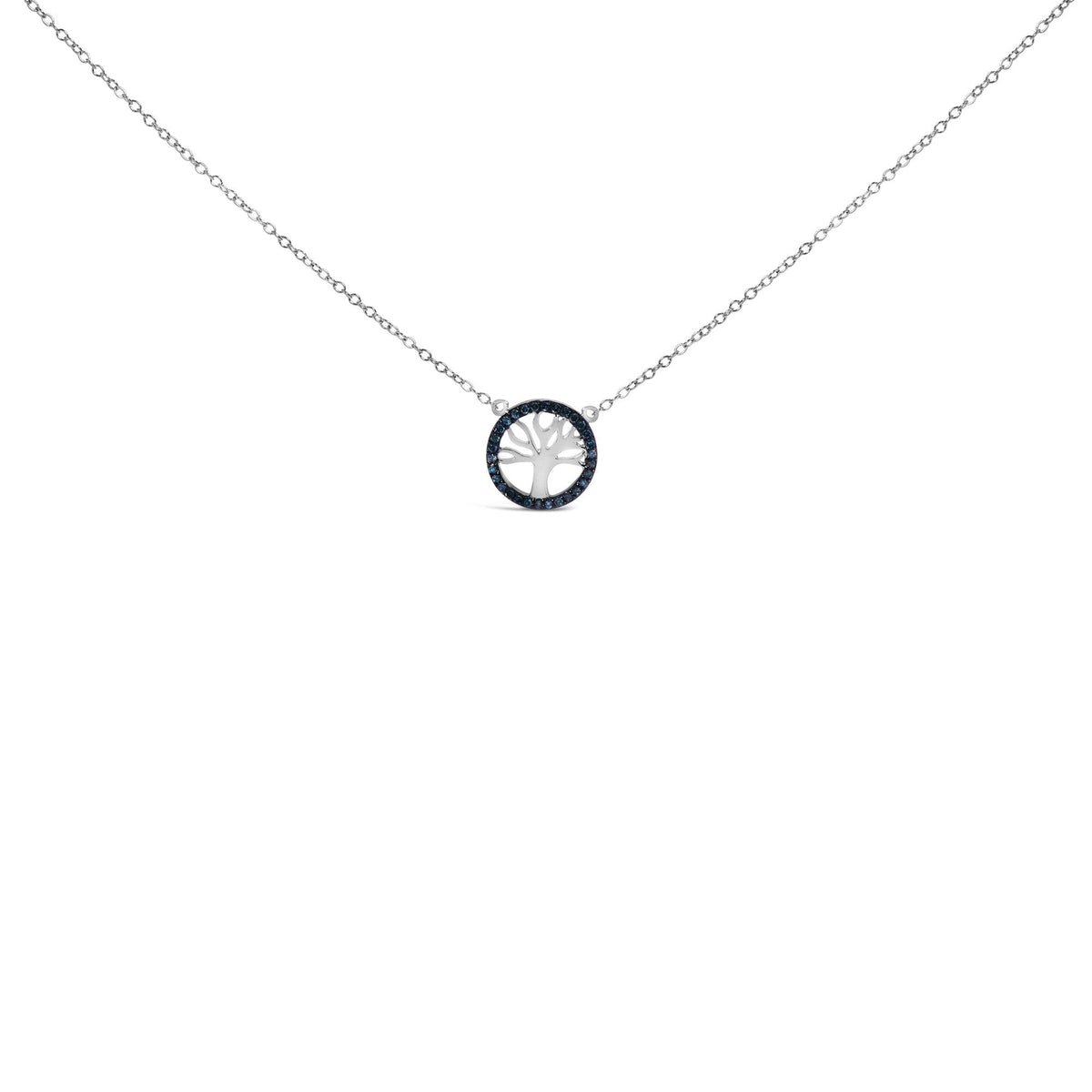 .925 Sterling Silver 1/6 Cttw Blue Diamond Tree of Life and Circle 18' Pendant Necklace (Blue Color, SI1-SI2 Clarity)