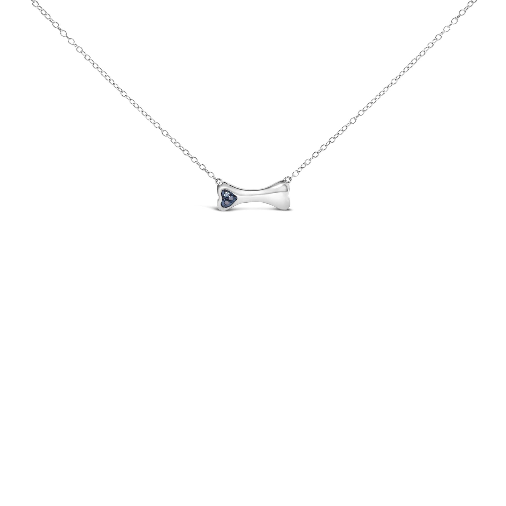 925 Sterling Silver Treated Blue Diamond Accent Dog Bone Charm 18' Pendant Necklace (Blue Color, I2-I3 Clarity)