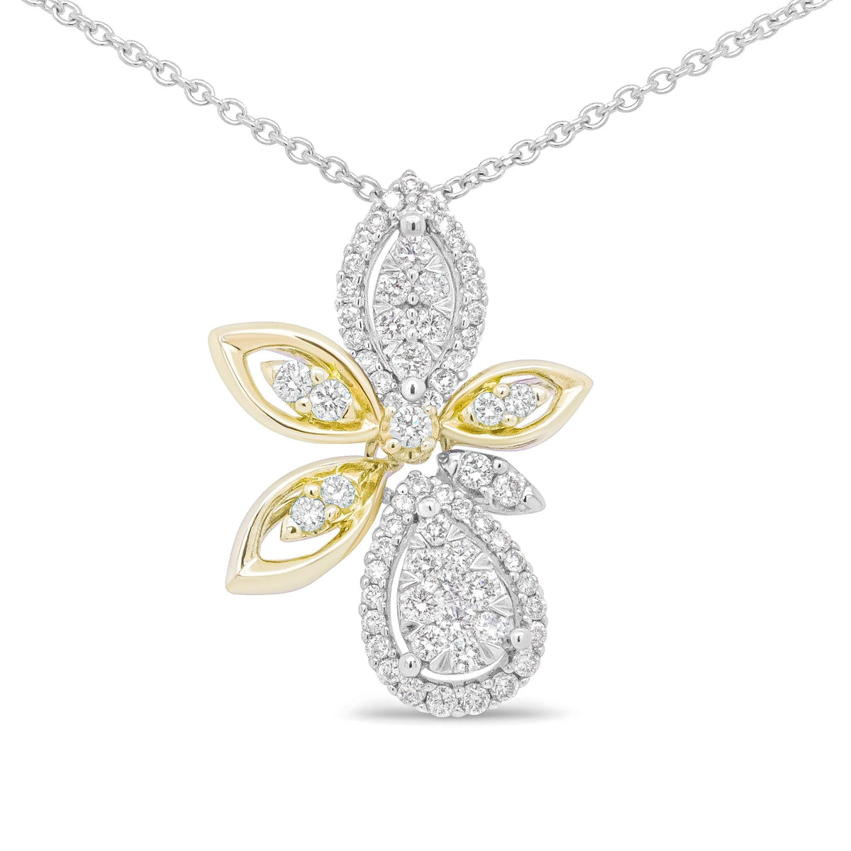 14K White and Yellow Gold 5/8 Cttw Round Diamond Marquise Floral Style 18' Pendant Necklace (H-I Color, I1-I2 Clarity)
