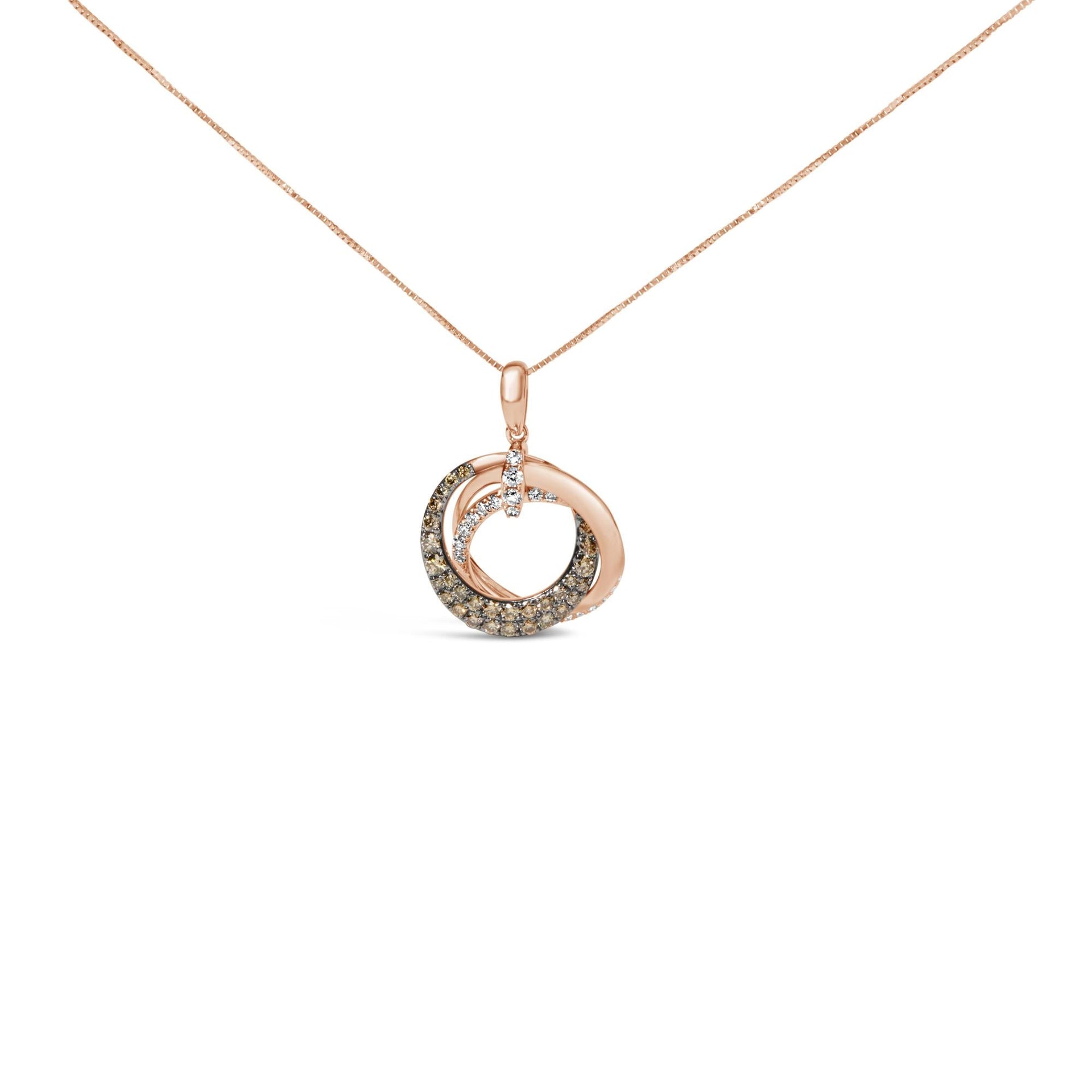 14K Rose Gold 3/4 Cttw Brown and White Diamond Interlocking Circle Hoop 18' Inch Pendant Necklace (G-H Color, SI2-I1 Clarity)