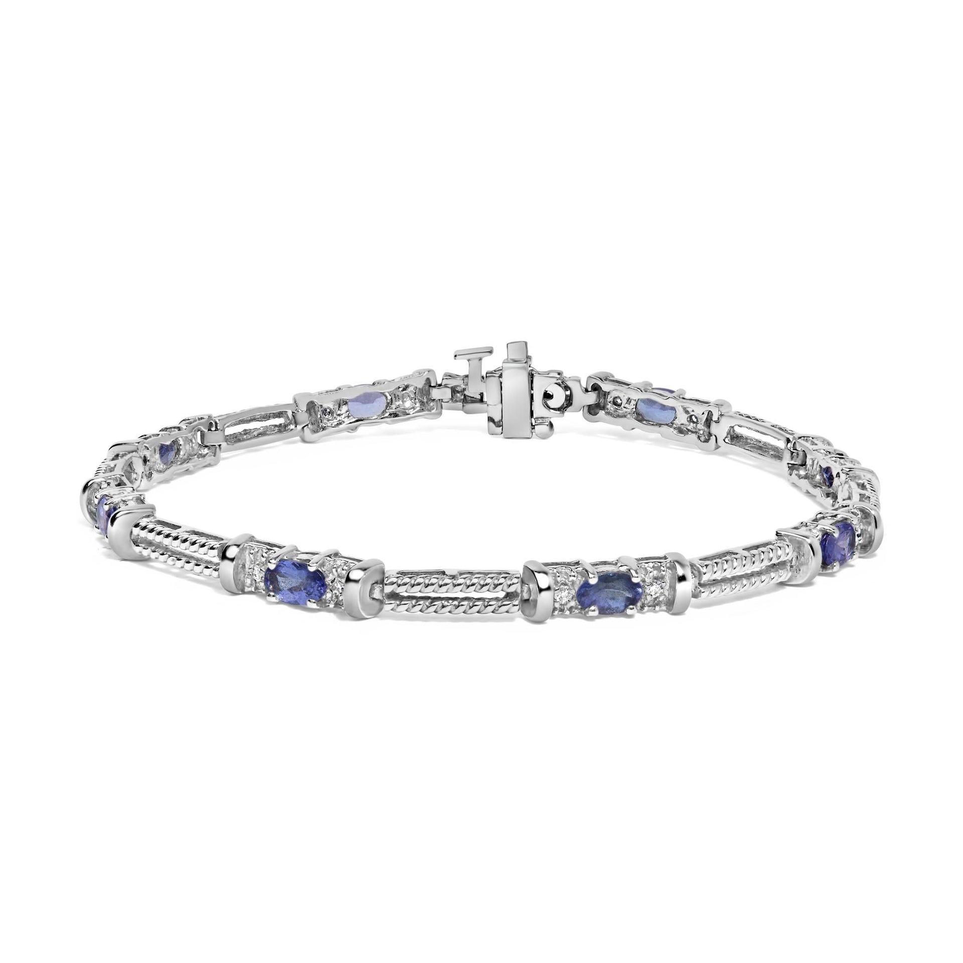 14K White Gold Blue Purple Tanzanite and Diamond Accent Cord Style Link Bracelet (H-I Color, SI1-SI2 Clarity) - 7' Inches