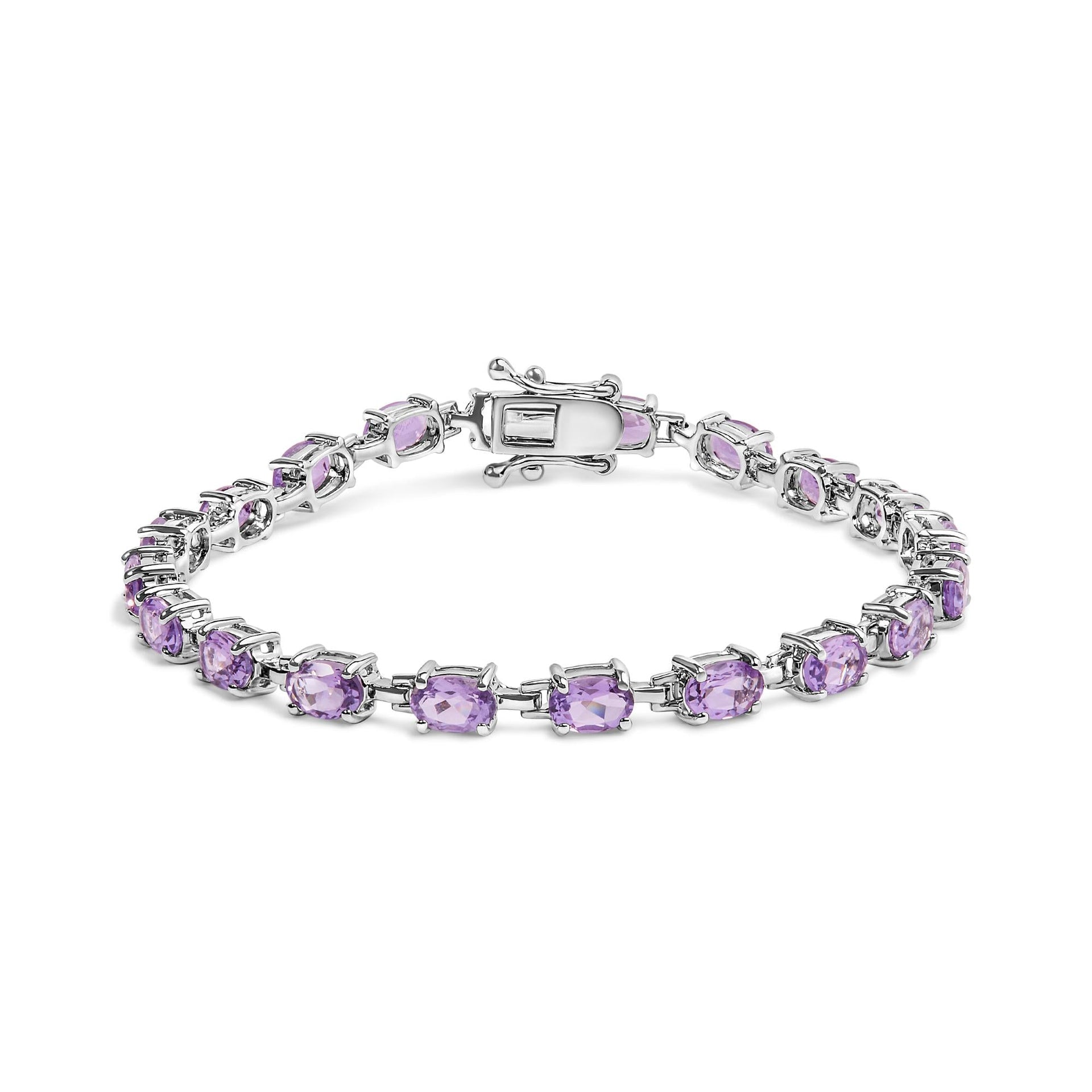 .925 Sterling Silver 8 1/2 Cttw Oval Shaped Purple Amethyst Link Bracelet - 7' Inches