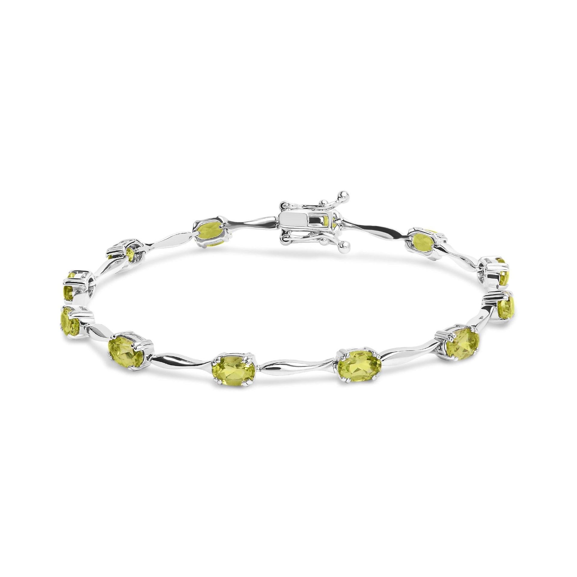 .925 Sterling Silver 5 1/2 Cttw Oval Shaped Created Green Peridot Link Bracelet  - 7' Inches
