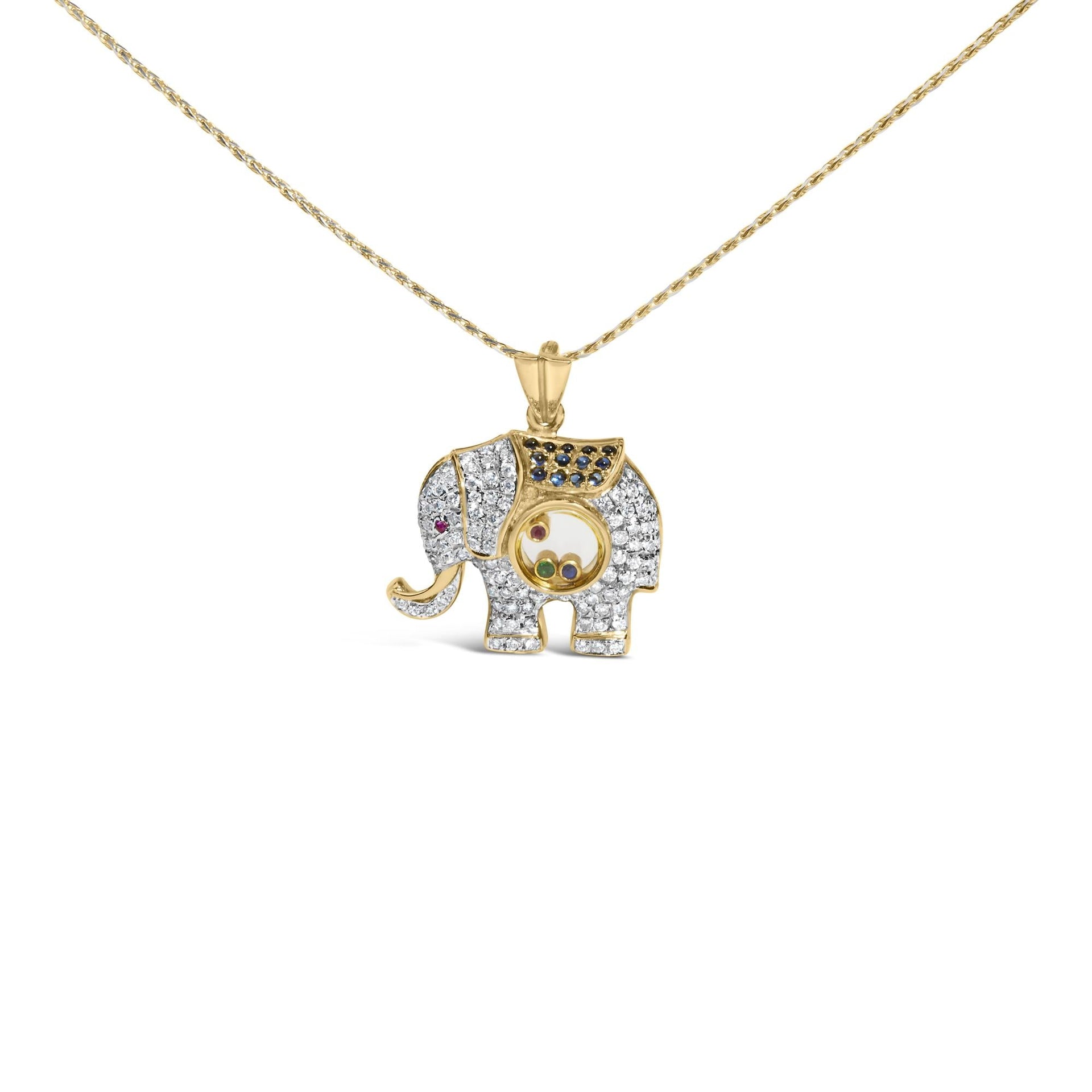 18K Yellow Gold 3/4 Cttw Diamond Elephant Shaker Pendant Necklace with Emerald, Ruby, and Sapphire (G-H Color, VS2-SI1 Clarity)