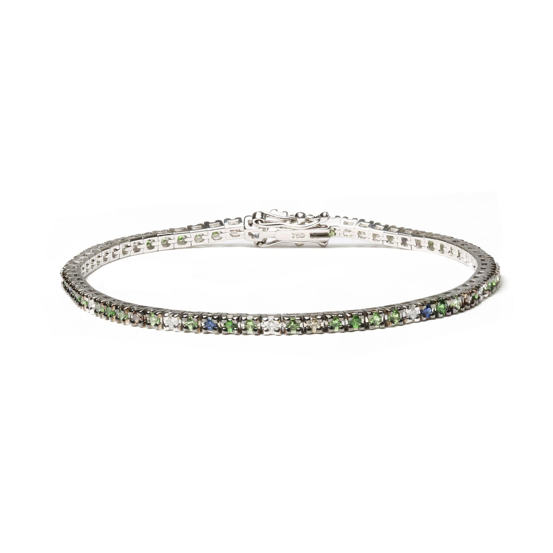 18K White Gold 3/8 Cttw Diamond with Blue Sapphire and Green Tsavorite Gemstone Multi-Colored Tennis Bracelet (Brown and G-H Color, SI1-SI2 Clarity) - Size 7'