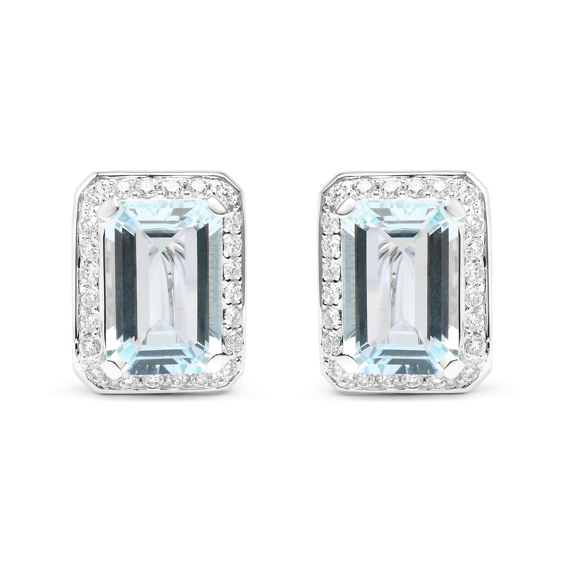 18K White Gold 3/4 Cttw Round Diamond and 13x9mm Emerald Cut Blue Aquamarine Gemstone Halo Omega Stud Earrings (G-H Color, SI1-SI2 Clarity)