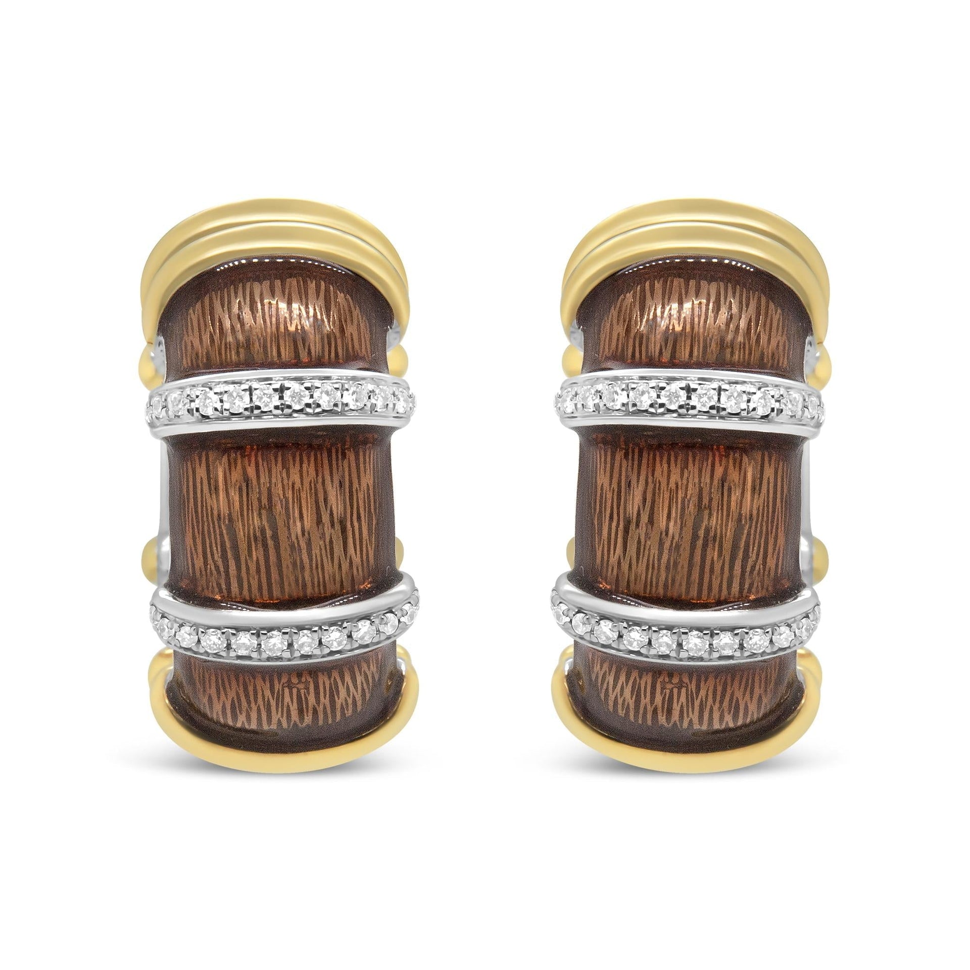 18K Yellow and White Gold Flash Plated .925 Sterling Silver Clear Brown Enamel 9/10 Cttw Round Diamonds Huggie Hoop Earrings (F-G Color, VS1-VS2 Clarity)