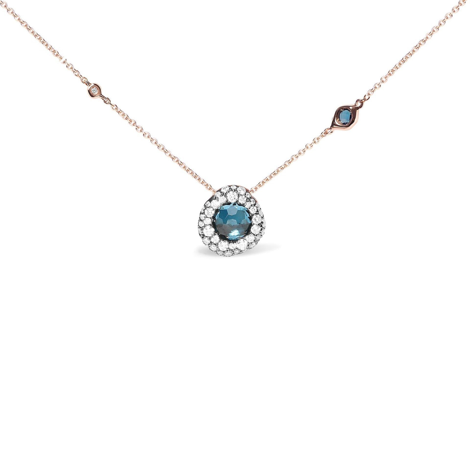 18K Rose Gold 5/8 Cttw Diamond and London Blue Topaz Gemstone Bezel-Set Cluster 18' Station Necklace (G-H Color, SI1-SI2 Clarity) - Adjustable up to 16' - 18'