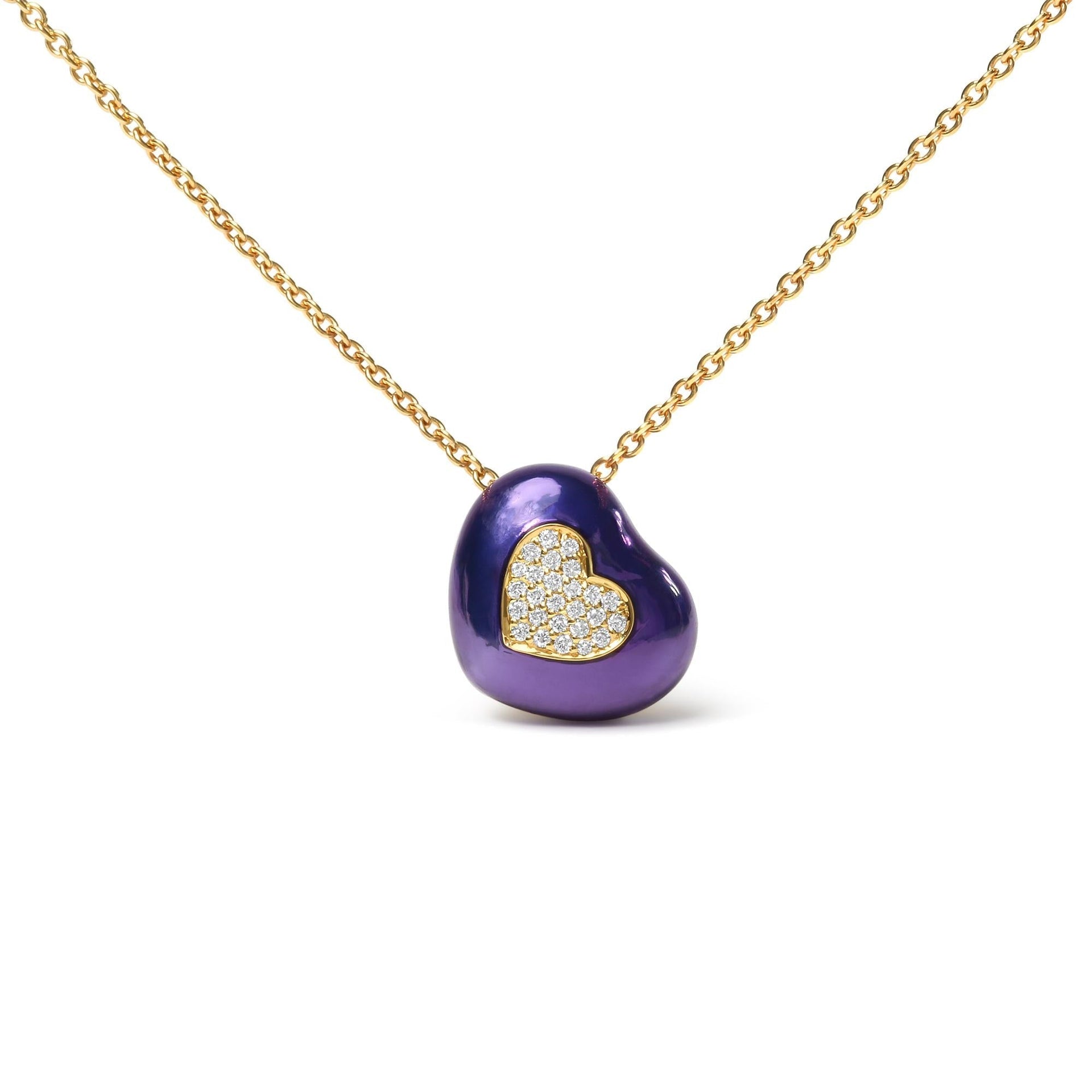 18K Yellow Gold Blue Enamel 1/10 Cttw Round Pave Diamonds Heart Shape 18' Pendant Necklace  (G-H Color, SI1-SI2 Clarity) - Adjustable up to 16' - 18'