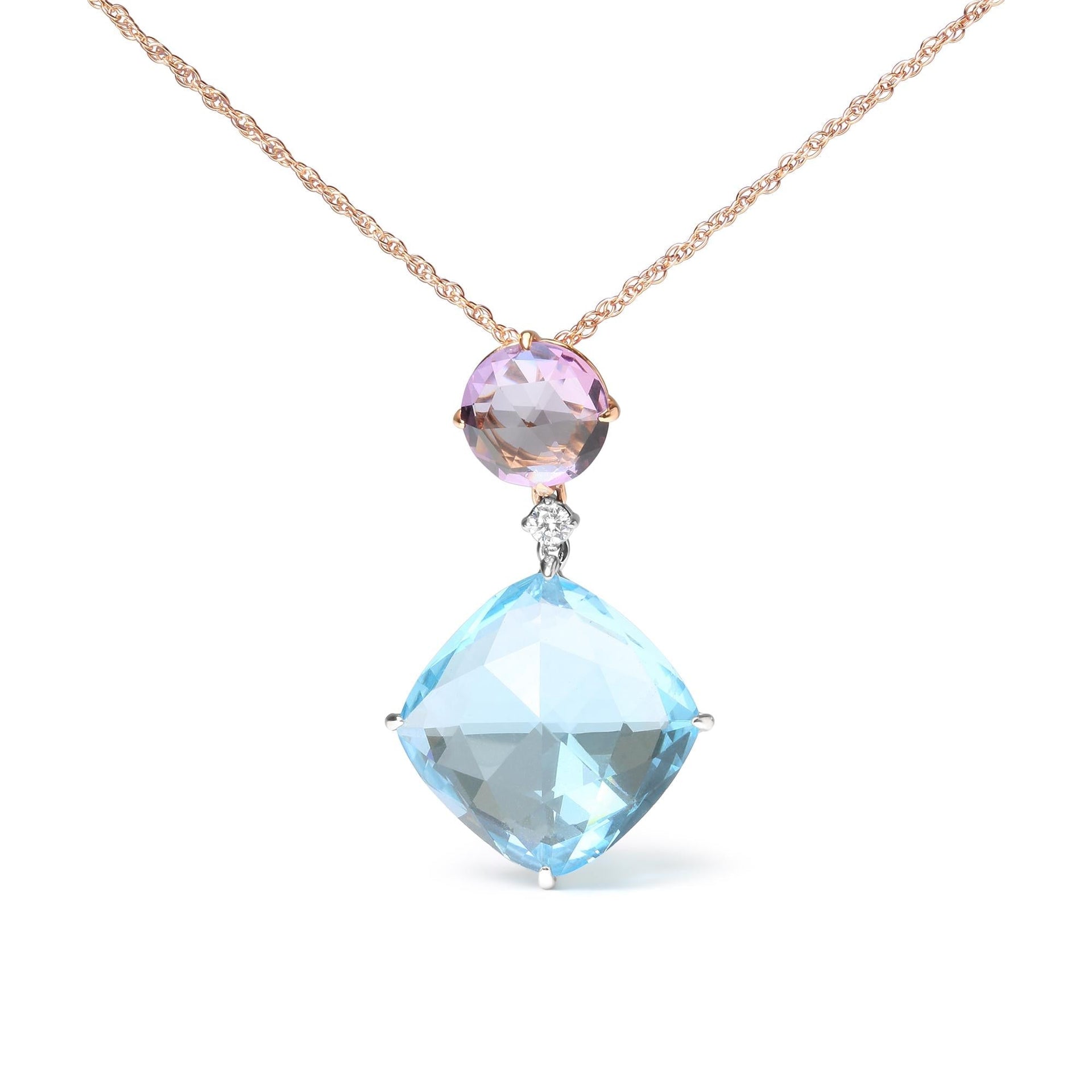 18K White and Rose Gold Round Diamond Accent and Round Rose De France Pink Amethyst and Cushion Cut Sky Blue Topaz Dangle Drop 18' Pendant Necklace (G-H Color, SI1-SI2 Clarity)