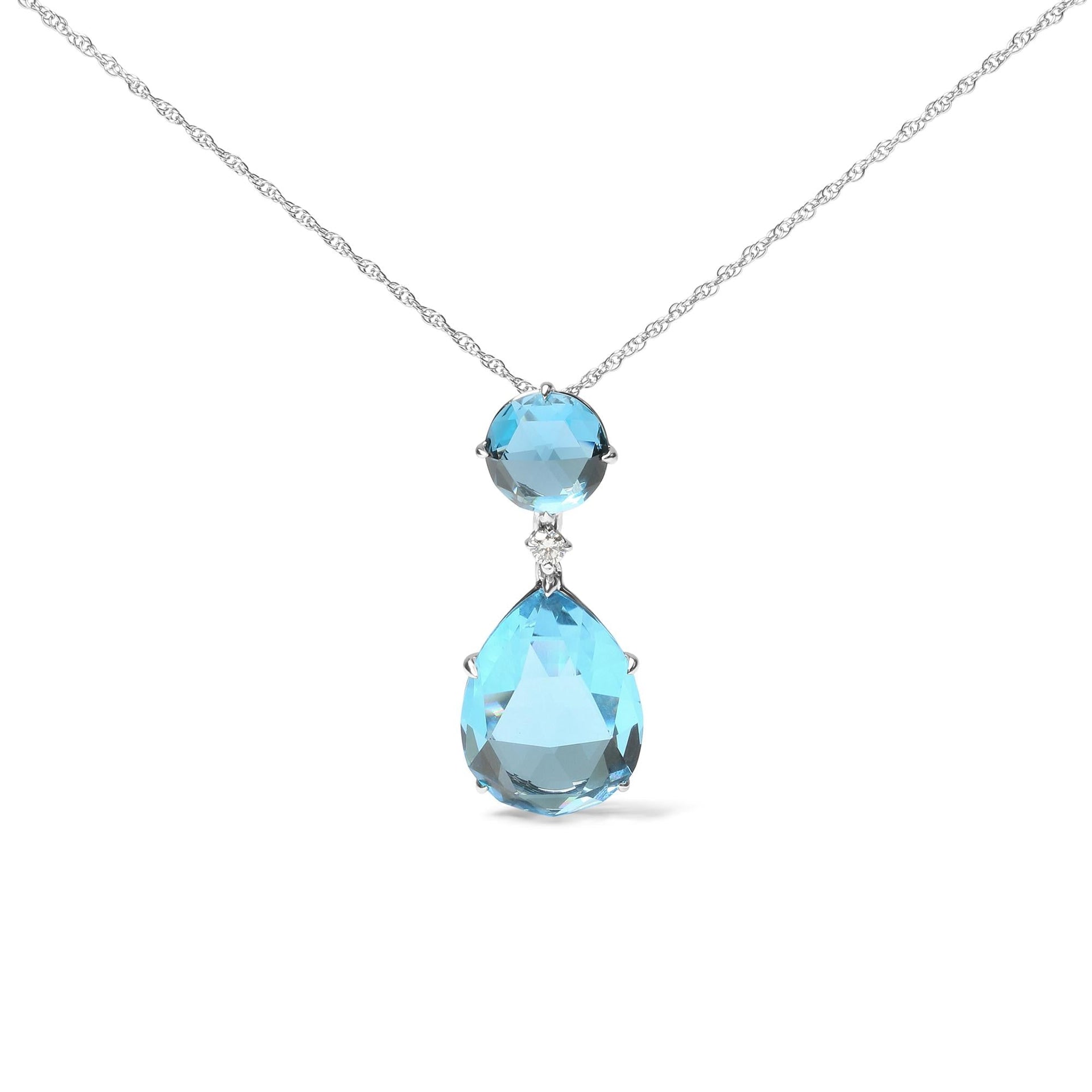 18K White Gold Diamond Accent and Round London Blue Topaz and Pear Cut Sky Blue Topaz Dangle Drop 18' Pendant Necklace (G-H Color, SI1-SI2 Clarity)