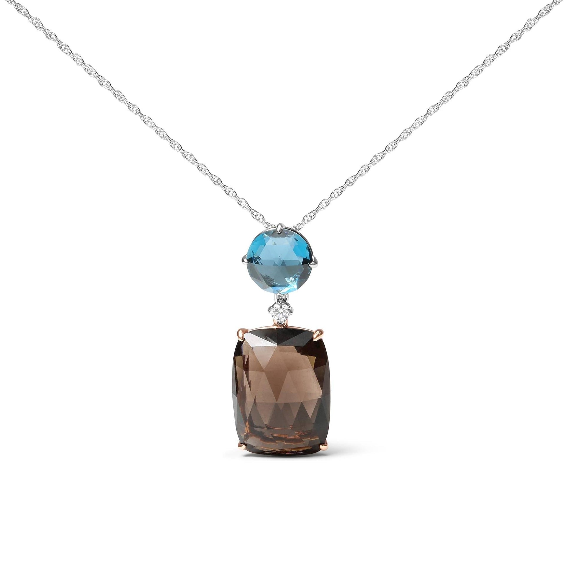 18K Rose and White Gold Diamond Accent and London Blue Topaz and Cushion Cut Smoky Quartz Gemstone Dangle Drop 18' Pendant Necklace (G-H Color, SI1-SI2 Clarity)