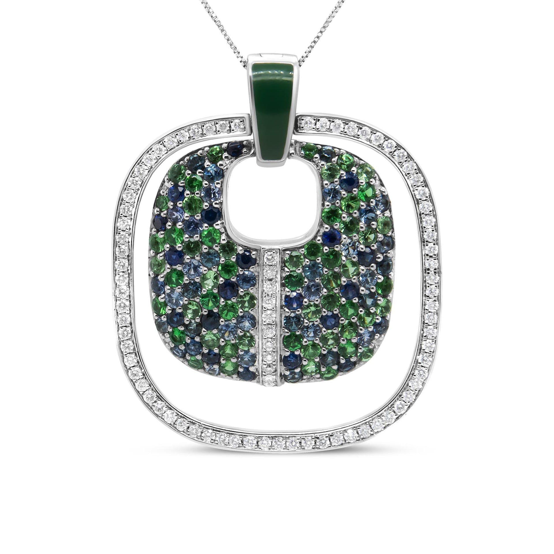 .925 Sterling Silver Green Enamel Pendant with 1/2 Cttw Diamond, Sapphire, and Tsavorite Openwork Statement 18' Pendant Necklace (F-G Color, VS1-VS2 Clarity)