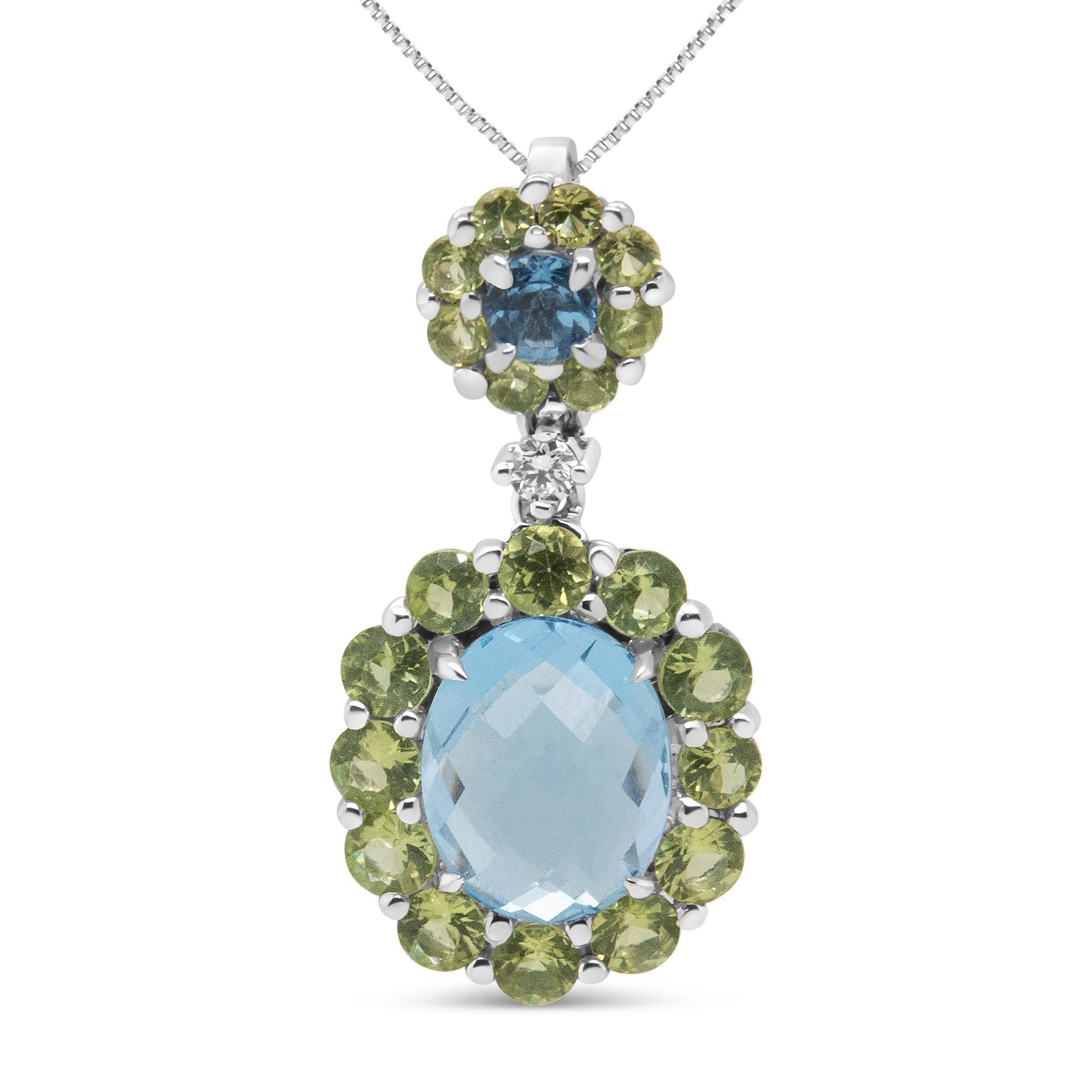 18k White Gold 0.05 Cttw Round Diamond and Blue Topaz and Green Peridot Gemstone Halo Drop 18' Pendant Necklace (F-G Color, VS1-VS2 Clarity)