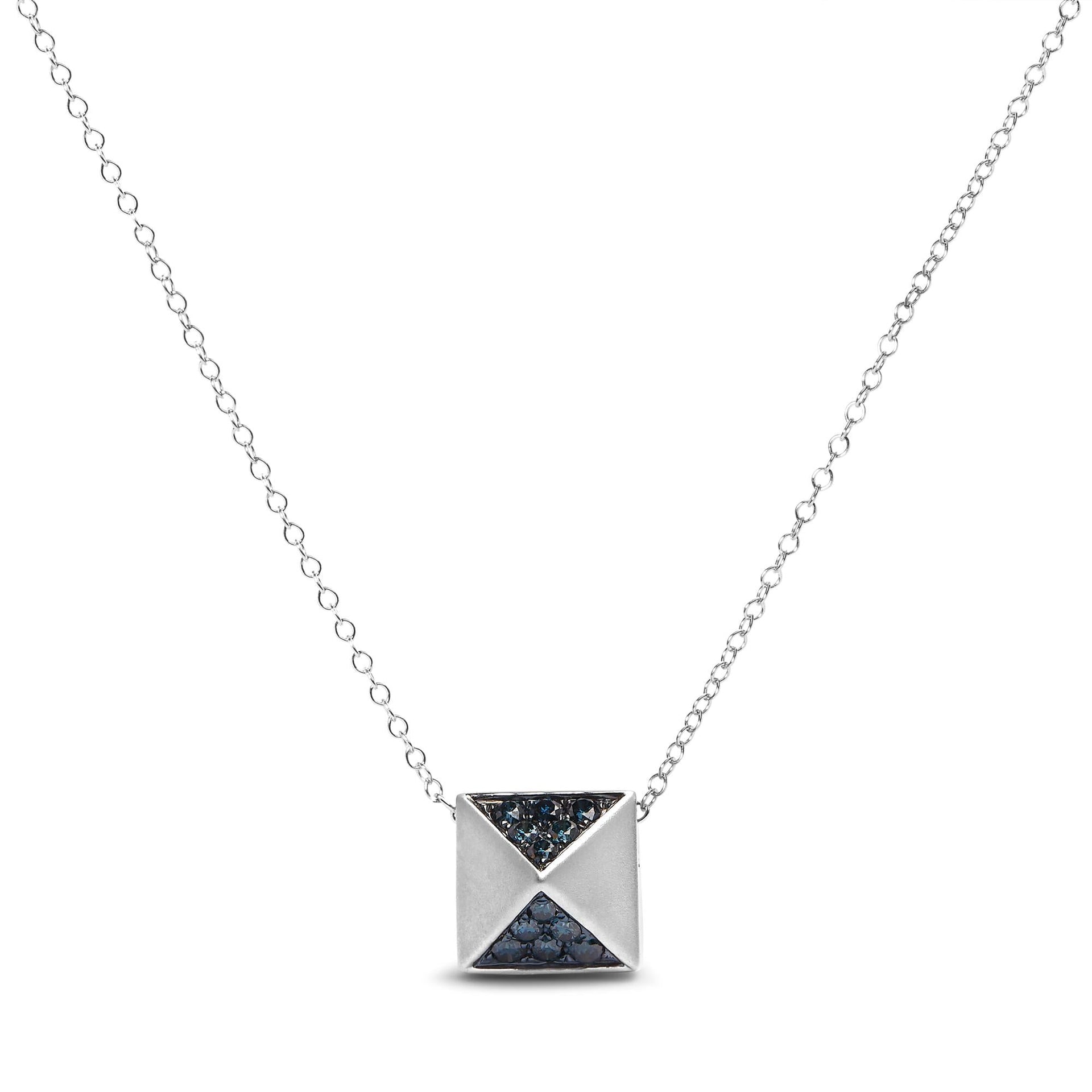 14K White Gold 1/4 Cttw Treated Blue Diamond Matte Finished Pyramid Pendant Necklace (Blue Color, SI1-SI2 Clarity) - 18' Inches