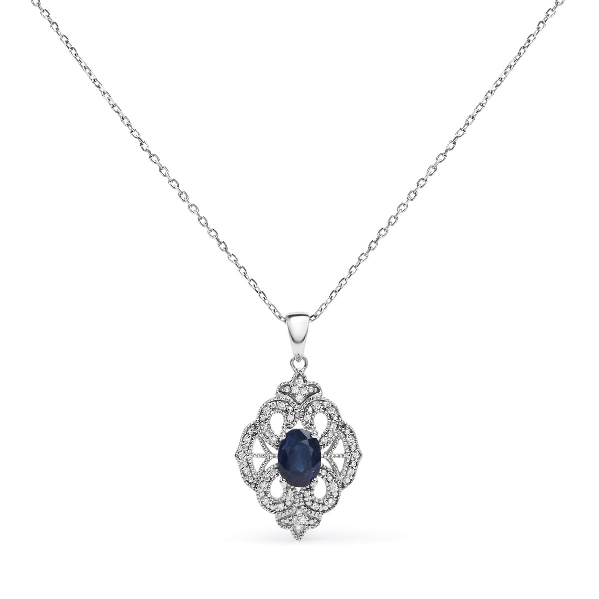 .925 Sterling Silver 7x5 MM Oval Blue Sapphire and Diamond Accent Art Deco Style Shield Shaped 18' Pendant Necklace (I-J Color, I3 Clarity)