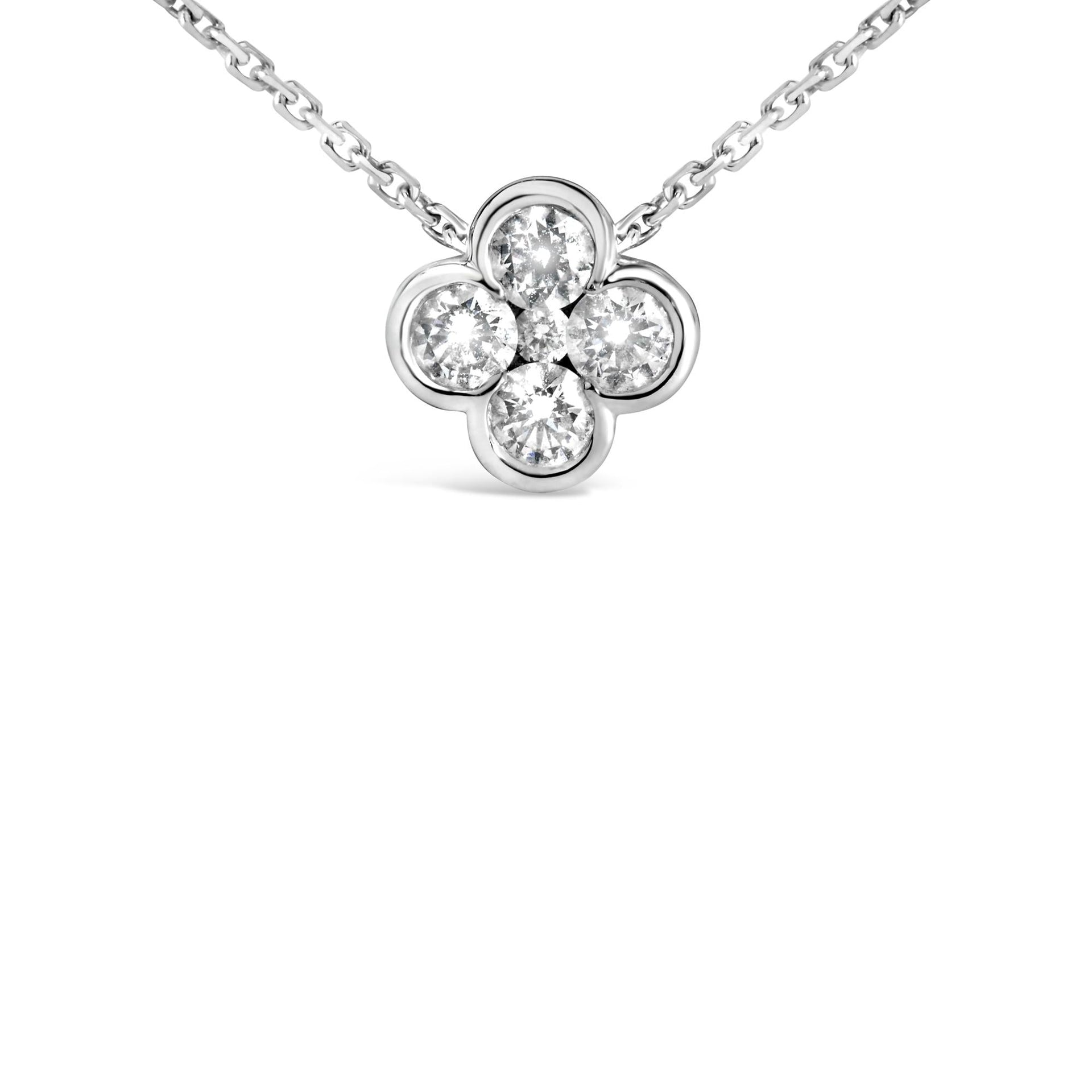 14K White Gold 1/2 Cttw Diamond Bezel 4 Point Floral Bloom 18' Inch Pendant Necklace (H-I Color, VS2-SI1 Clarity)