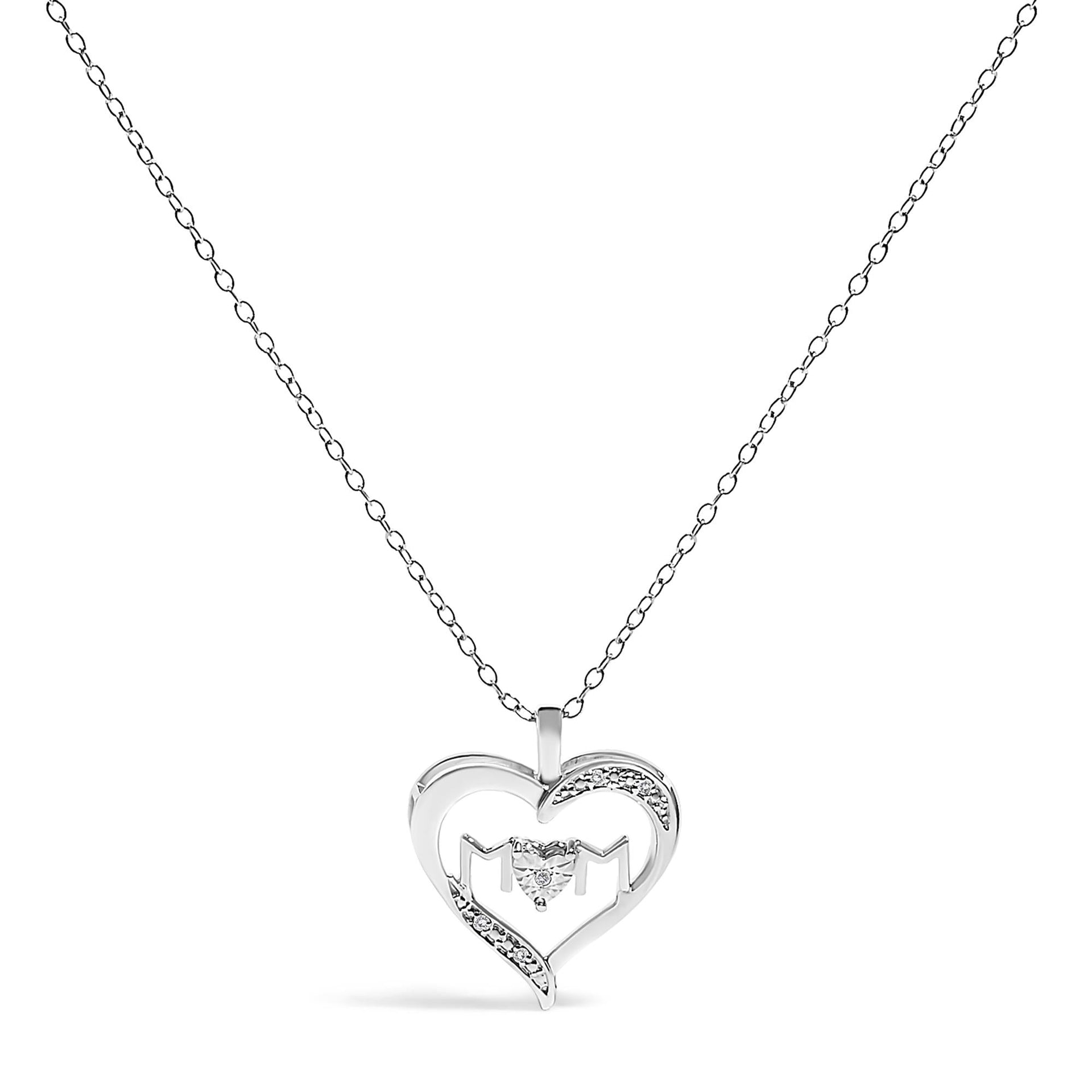 .925 Sterling Silver Diamond Accent MOM with Heart Pendant Necklace (J-K Color, I2-I3 Clarity) - 18' Inches