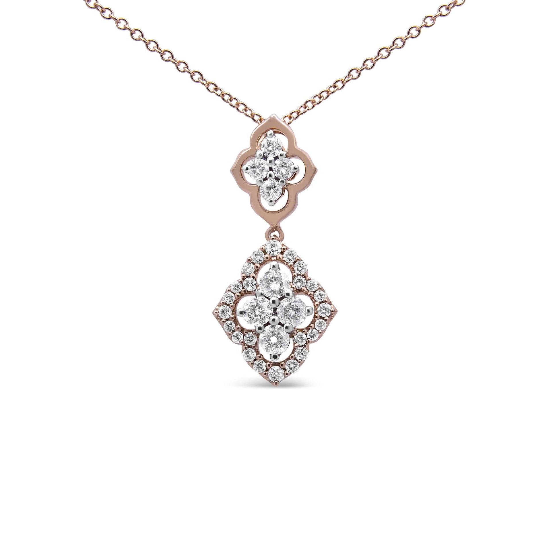 14K Rose Gold 3/4 Cttw Round Diamond Double Quatrefoil Pendant 18' Necklace (H-I Color, I1-I2 Clarity)