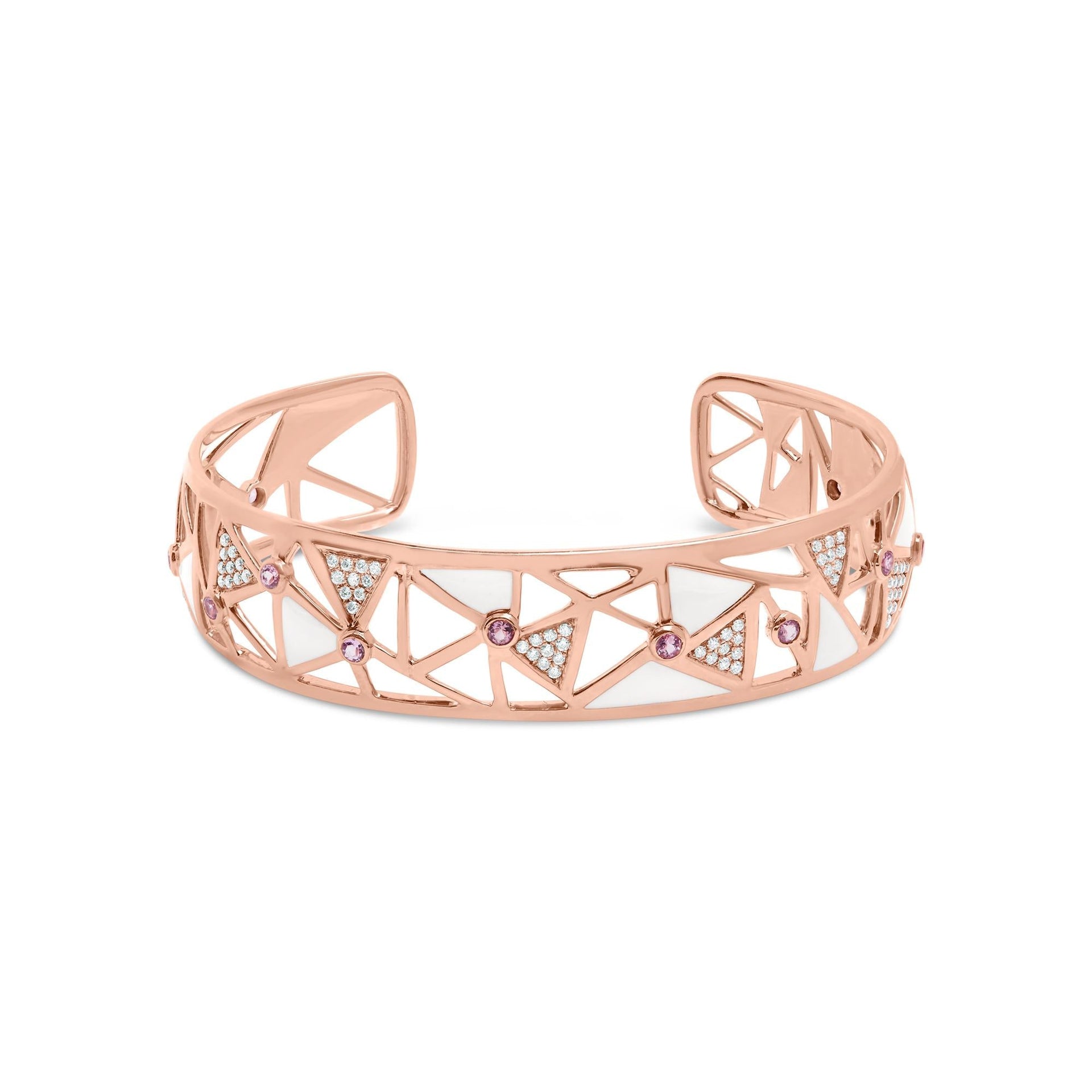 14K Rose Gold 5/8 Cttw Diamond with Pink Tourmaline Open Cuff Bangle with White Enamel (G-H Color, SI1-SI2 Clarity) - 7'