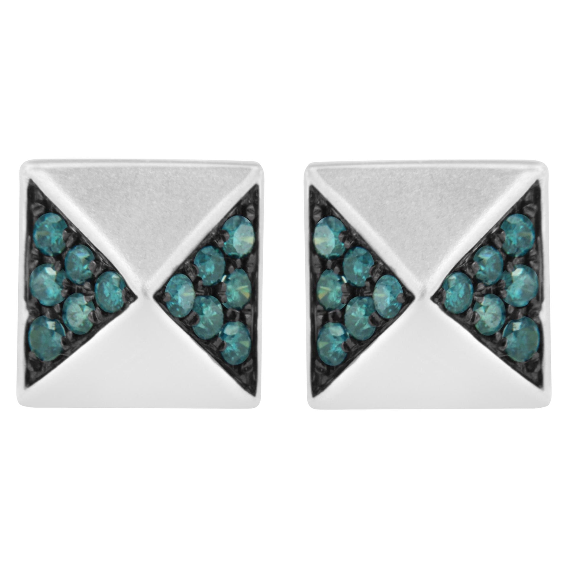 14K White Gold 1/4 Cttw Treated Blue Diamond Pyramid Stud Earring (Blue Color, SI1-SI2 Clarity)