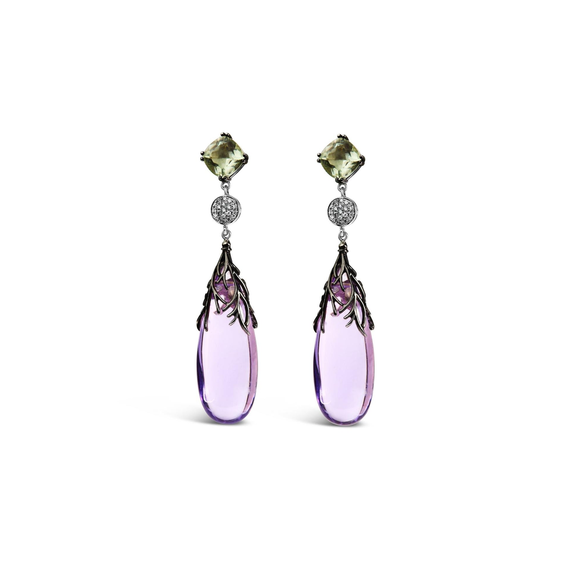 14K White Gold 1/4 Cttw Diamond and 30mm Cabochon-Cut Purple Amethyst and Green Quartz Drop Earrings with Black Oxidized Accents (F-G Color, VS1-VS2 Clarity)