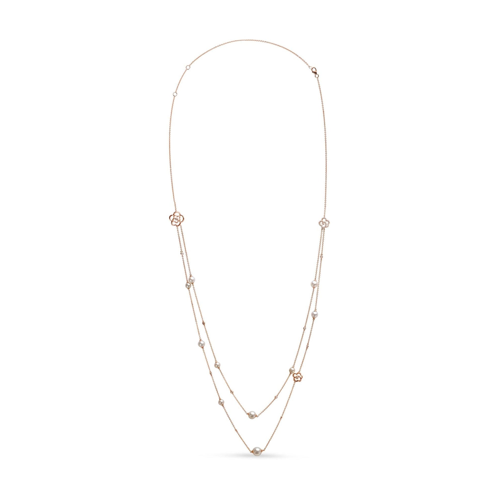 18K Rose Gold 1/2 Cttw Diamond and Freshwater Pearl Double Strand Station Necklace  (G-H Color, SI1-SI2 Clarity) - Adjustable up to 16' to 20'