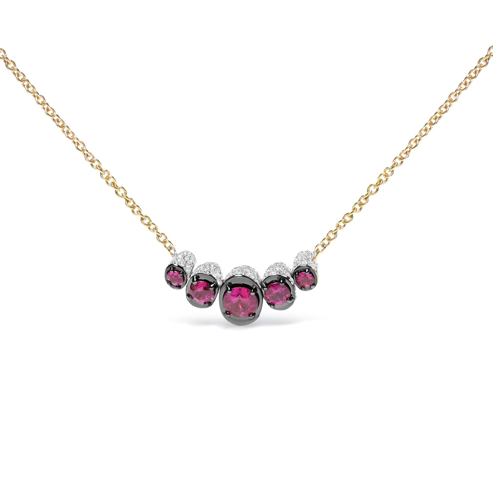18K Rose Gold 3/4 Cttw Pave Diamonds and Graduated Red Ruby Gemstone Curved Bar Choker Necklace (G-H Color, SI1-SI2 Clarity) - Adjustable up to 14' - 16.5'
