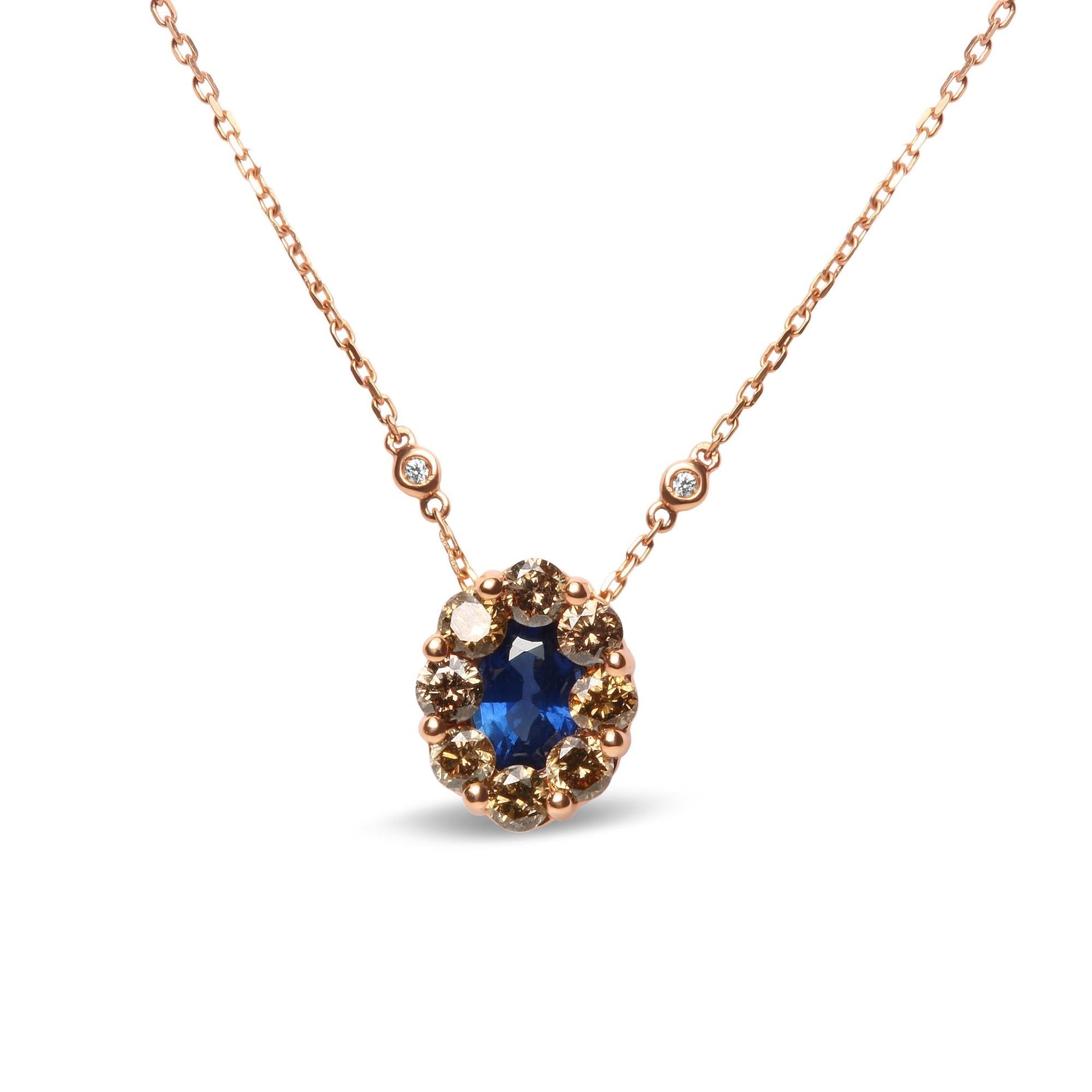 18K Rose Gold 5/8 Cttw White and Brown Diamond Accent and 7 x 4mm Oval Blue Sapphire Gemstone Statement Halo Cluster Pendant Necklace (Brown and G-H Color, SI1-SI2 Clarity) - Adjustable up to 16' - 18'